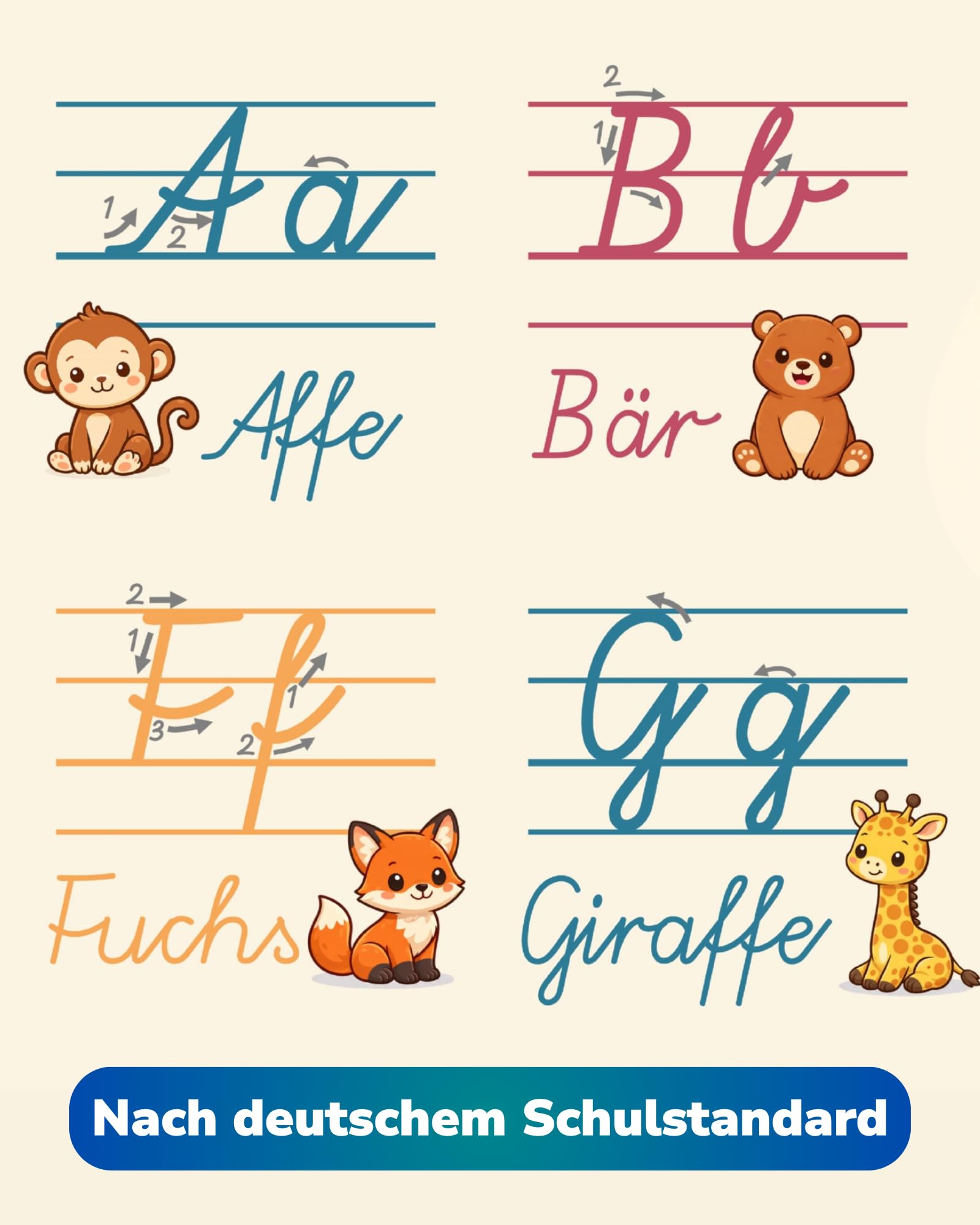 Personalisiertes ABC Schreibschrift Lernposter A2 - Vereinfachte Ausgangsschrift (VA) - Alphabet Poster mit Groß- und Kleinbuchstaben für die Grundschule - mit Wunschname