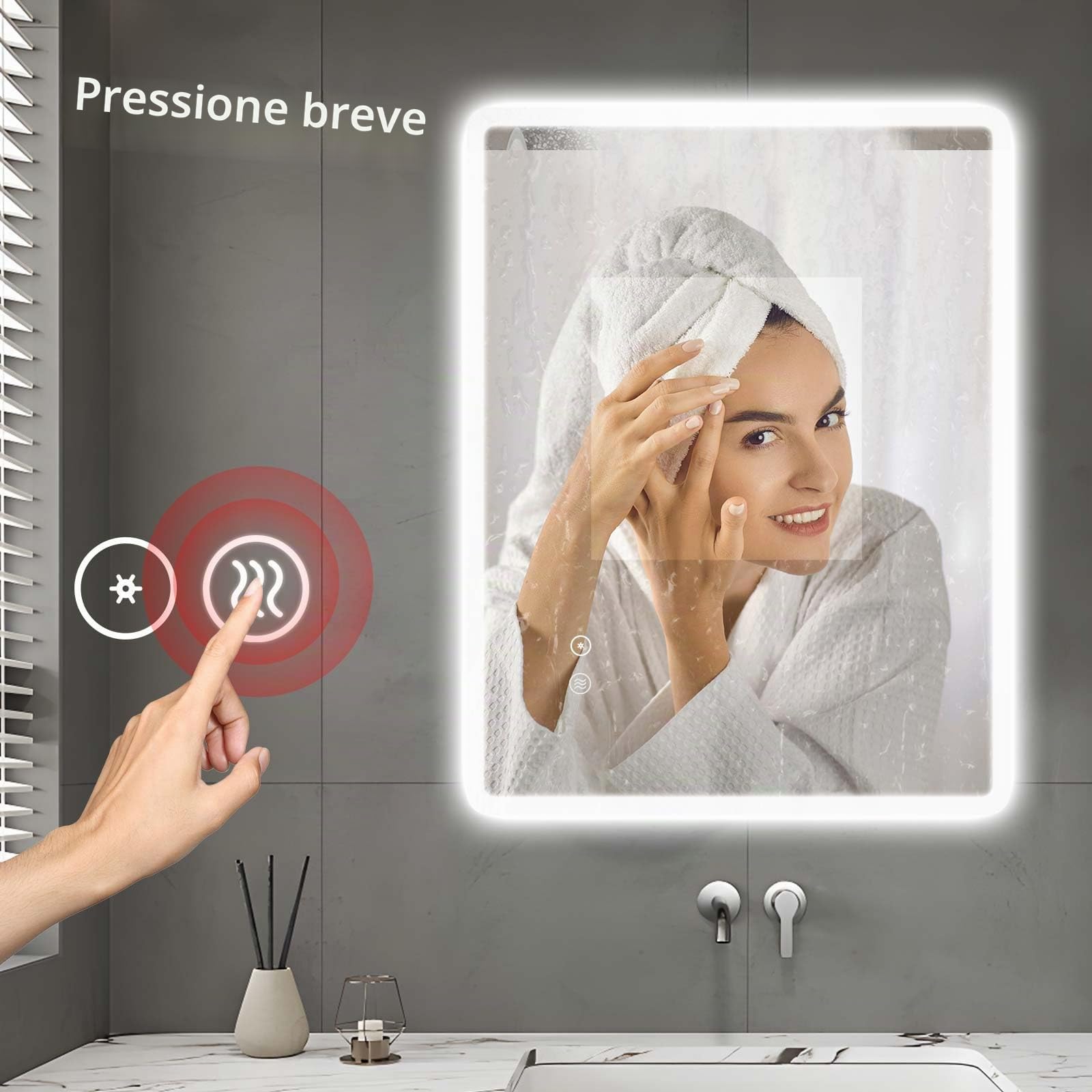 SaniteModar Specchio Bagno LED 70x90 cm | Luminosità regolabile, luce tre colori, antiappannamento, IP44, installazione verticale/orizzontale.