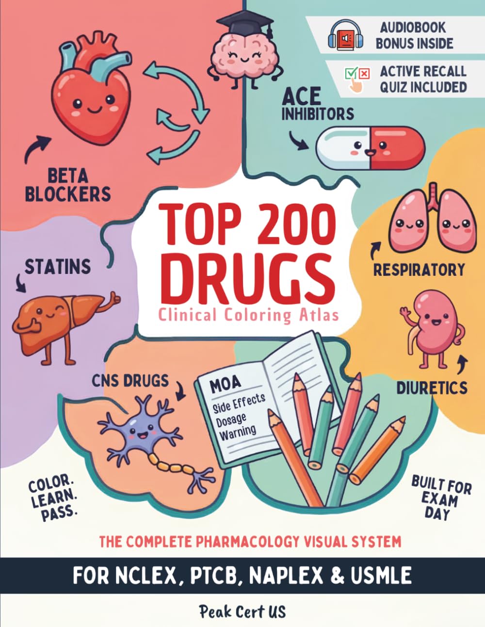 Top 200 Drugs Clinical Coloring Atlas: Master Pharmacology Faster with MOA, Onset, Peak, Duration, Side Effects & Dosages. NCLEX, PTCB, NAPLEX & USMLE