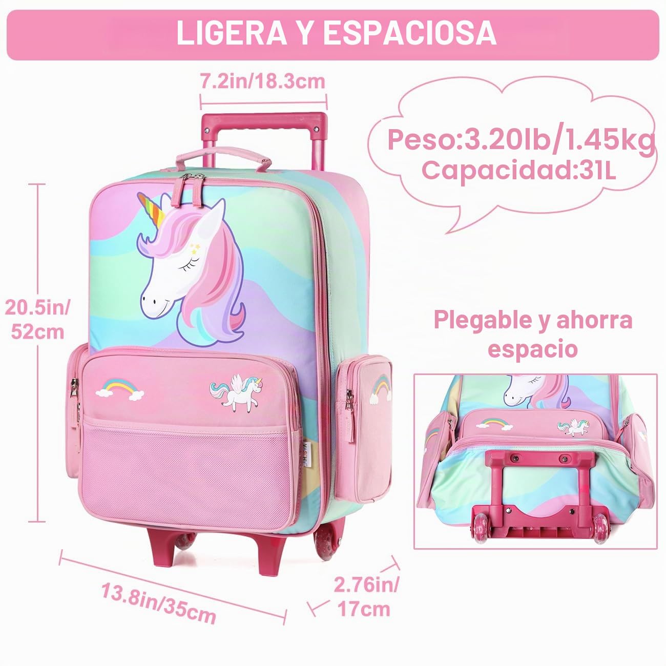 Maleta Infantil Niños Niña, VASCHY Equipaje de Viaje de Mano con 2 Ruedas para Niños Maleta Cabina Trolley Grande para Escolar Viaje, 52x35x17CM, 31 litros