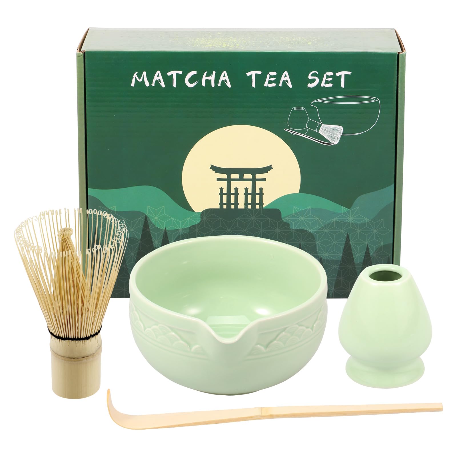 Balais à thé matcha en coffret cadeau de 4 pièces avec bol 560 ml vert