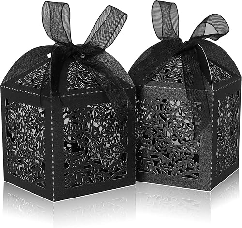 DOYIDE 50 cajas de recuerdos cortadas con láser, cajas de dulces con cintas y etiquetas, cajas de regalo pequeñas para bodas, fiestas, baby shower,