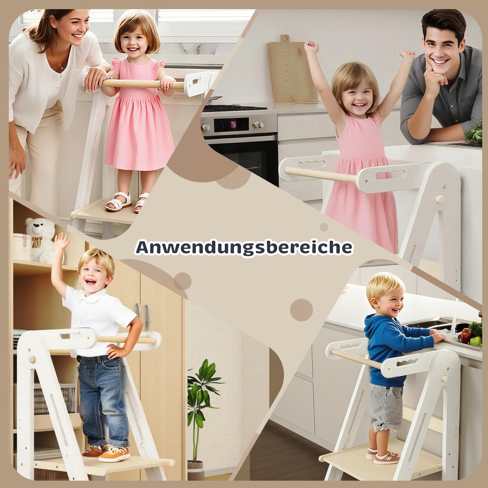 Klappbarer Toddler Tower Tritthocker Höhenverstellbar (Weiß) | Sicherer Kinderhocker ab 1,5 Jahren | Höhenverstellbar & faltbar für Bad & Wohnzimmer. Mit Rutschschutz
