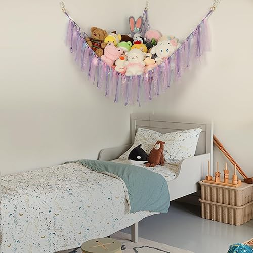 Miniatura 7 de Hamaca de animales de peluche con luces LED, red grande de almacenamiento de juguetes de 59 pulgadas para dormitorio de niños, organizador de felpa
