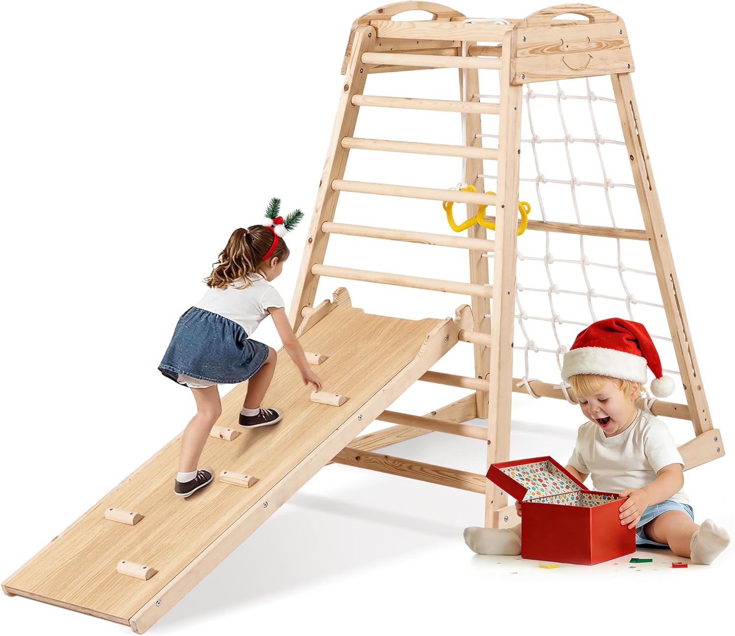 Indoor Jungle Gym, Wooden Indoor Playground, (7 in 1) Toddler Climbing Toys, Gym with Slide, Climbing Net, Swing, Gymnastics Ring