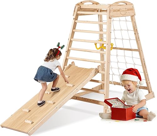 Jungle Gym - Zona de juegos interior de madera para interiores, (7 en 1) juguetes de escalada de madera para niños, gimnasio con tobogán, red de