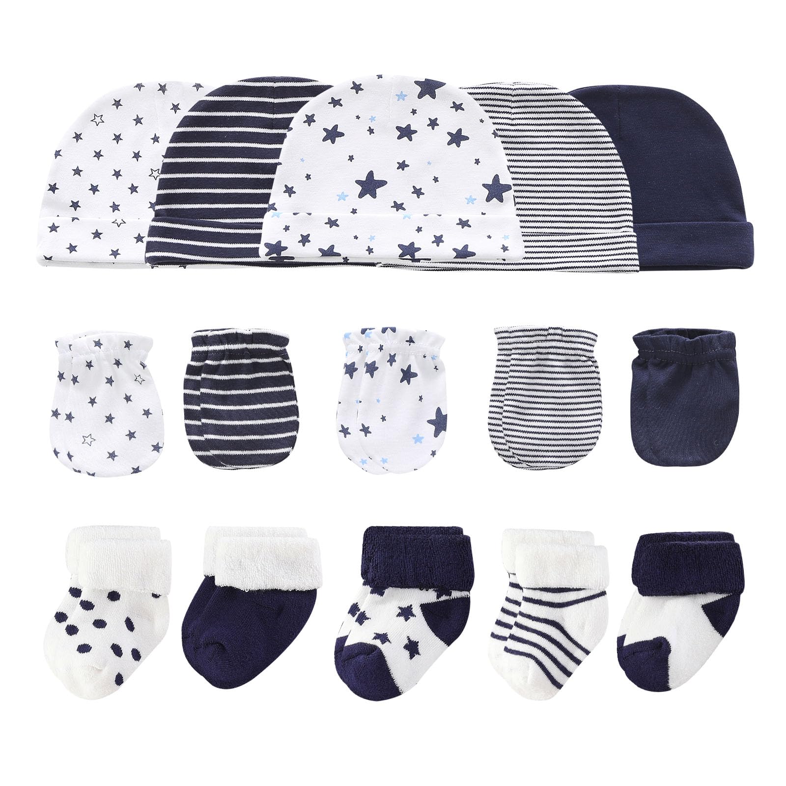Ruliby Juego de gorros, manoplas y calcetines de algodón para recién nacido, gorro suave para bebés y niñas de 0 a 6 meses
