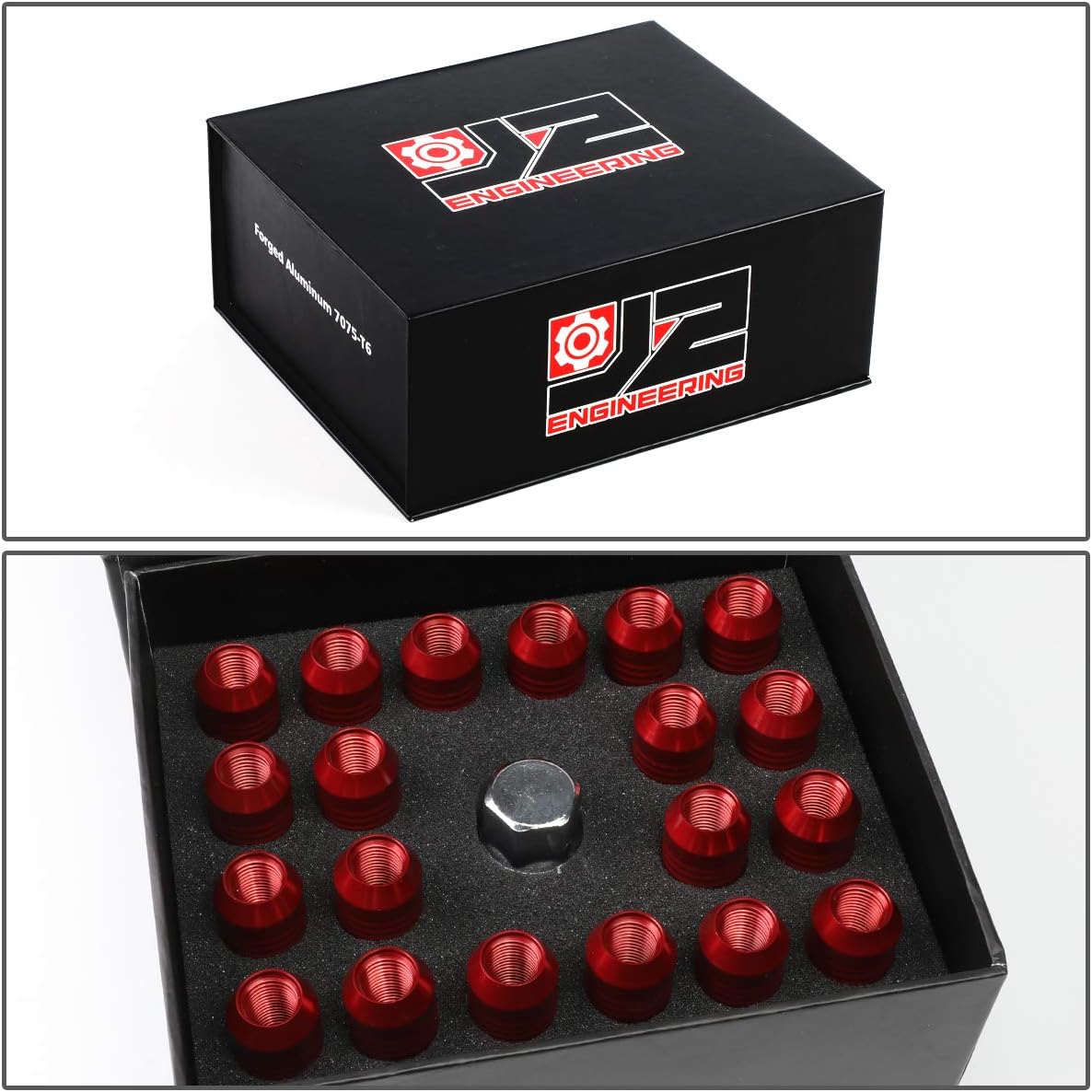 J2 Engineering 16Pcs 7075 Aluminum Open End M12 x 1.25 Lug Nuts w/4Pcs Lock Nuts & Key, Red, Fit Conical Seat, LN-T7-002-125-RD