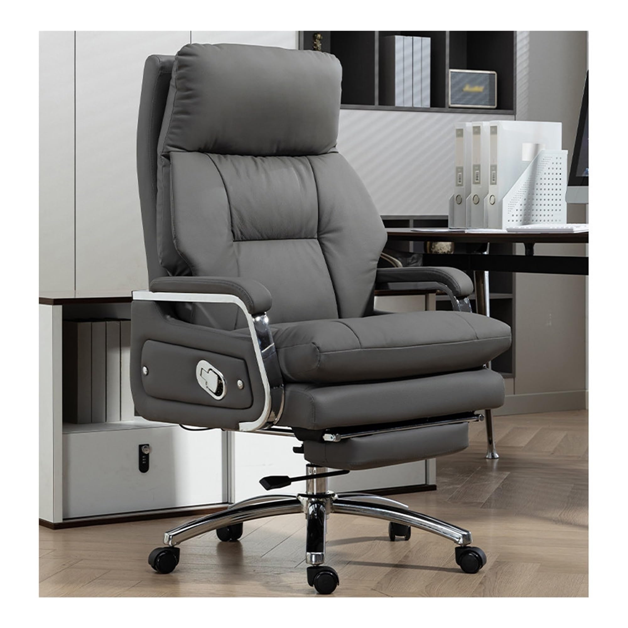 High Back Executive Office Chair, Leather Computer Chair, Ergonomic Desk Chair with Footrest, Heavy Duty Support up to 660LBS, 160° Backrest Tilt and 15° Rocking Function(Dark Gray)