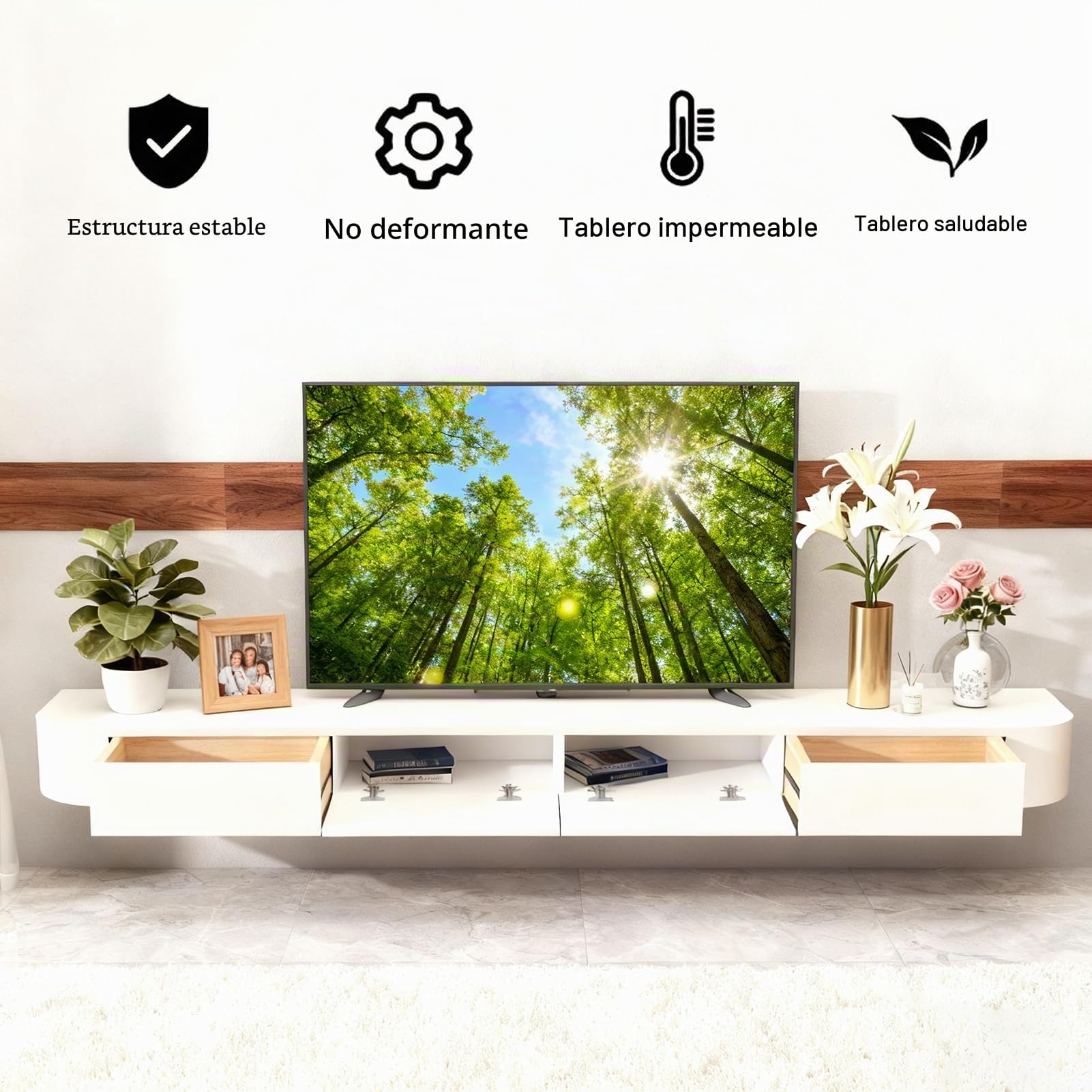 Mueble De TV, Unidad De TV Flotante, Mueble Bajo para TV De Pie O Colgante, Estantes Flotantes con Cajón, Consola Central De Entretenimiento Moderno(Blanco,140x24x20cm)
