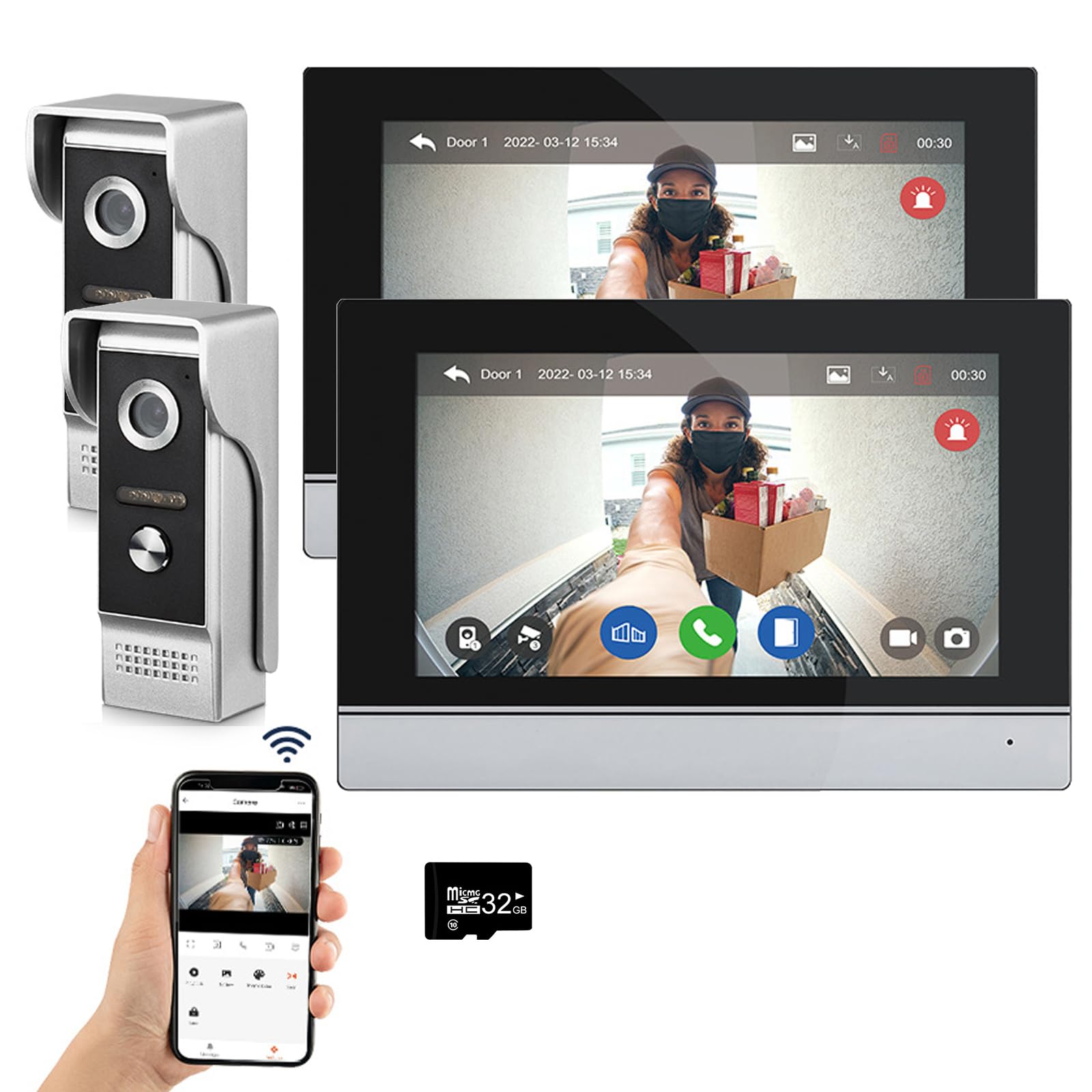 Sistema videocitofonico cablato Tuya WiFi 7 pollici touch screen 1080P campanello intelligente Tuya APP Kit citofono 2 porte sblocco (2 Campanello+2 Monitor)