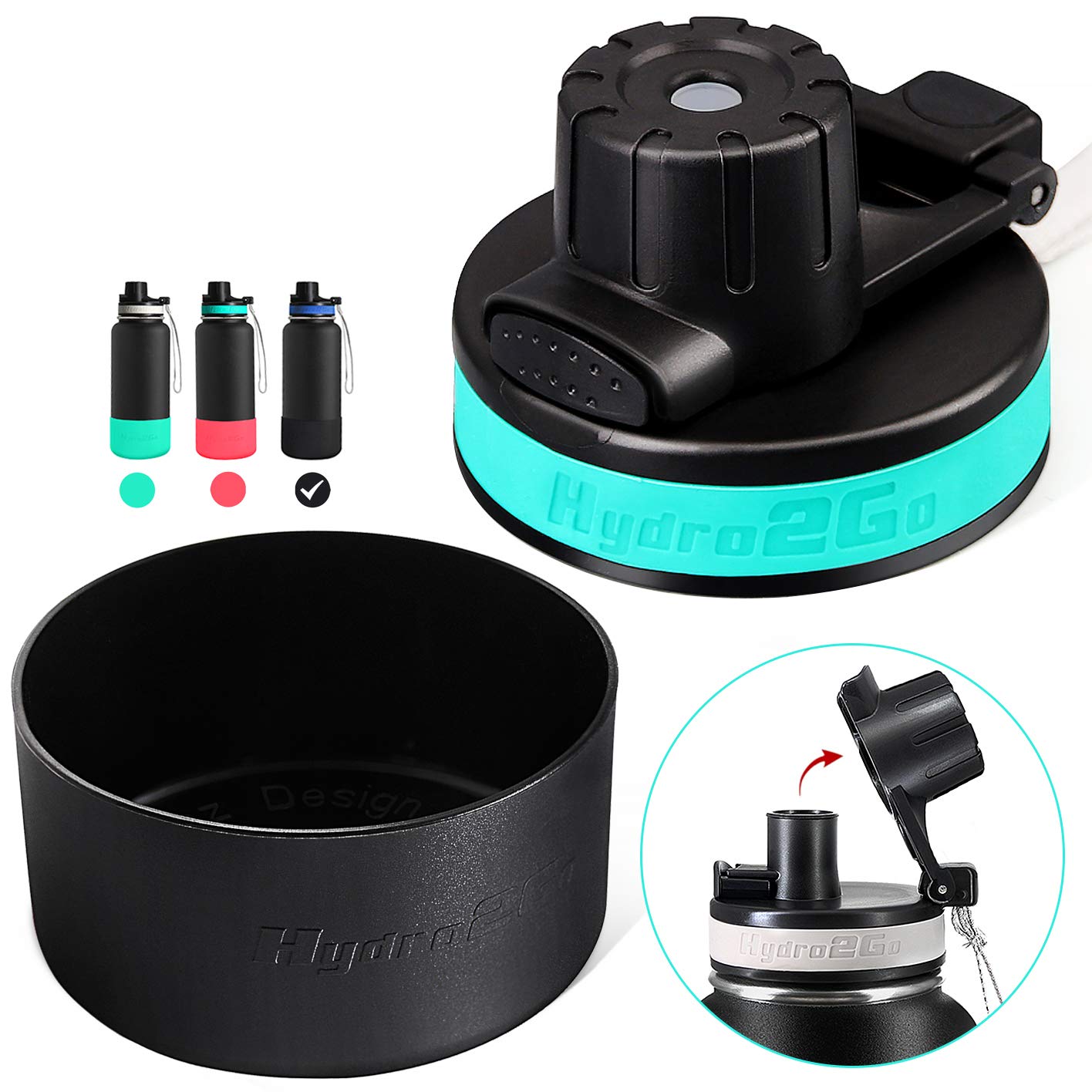 Hydro2GoHydro2Go Replacement lid for Hydro Flask Wide Mouth & Simple Modern Ascent 12-64oz Bottles Boot Water Bottle Accessories (auto flip lid+Black Bottle Boot L)