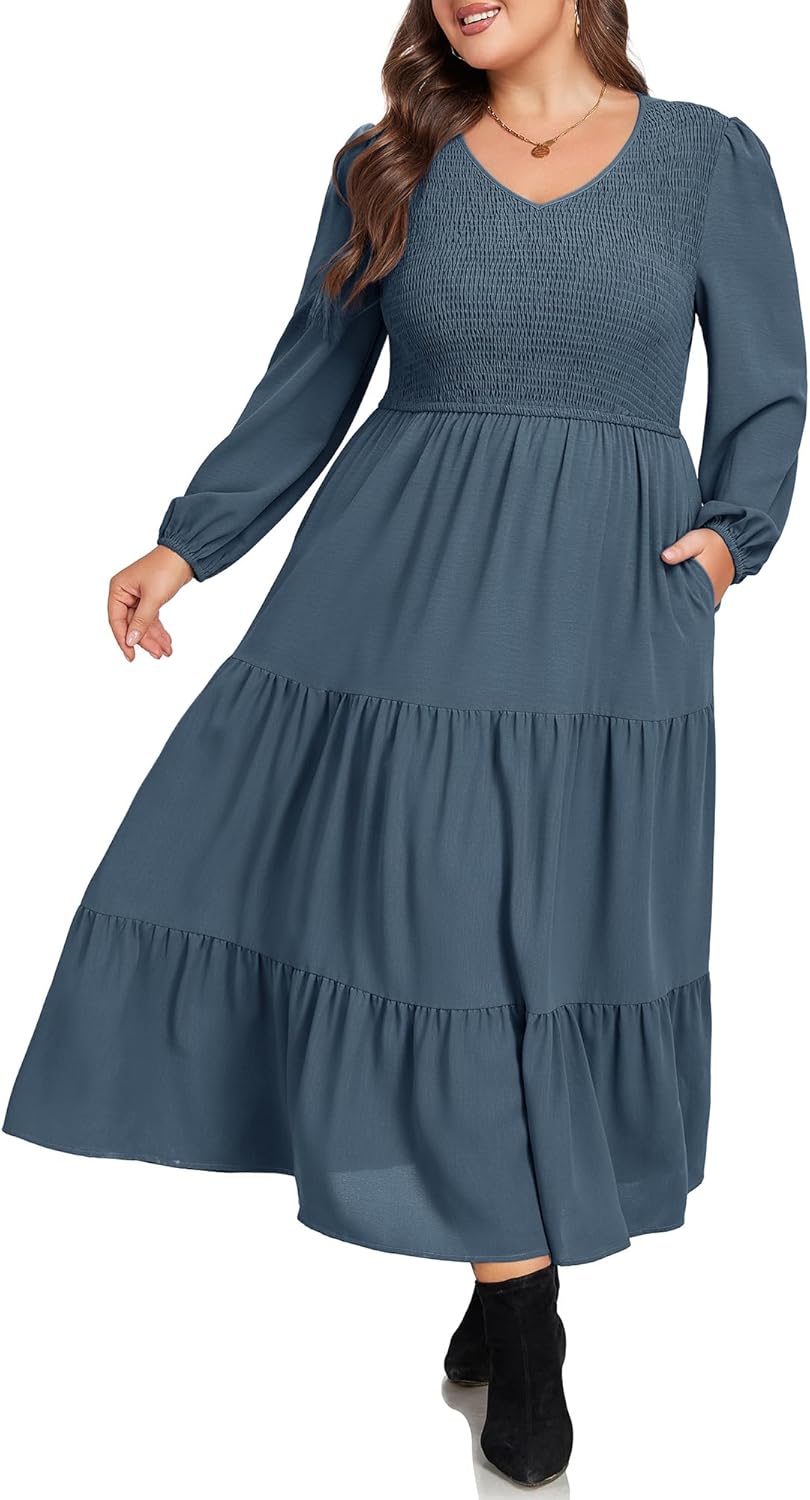 Hanna Nikole Women Plus Size Fall Dresses Long Sleeve V Neck Dress Maxi Casual Flowy Tiered 2025 Dress with Pockets