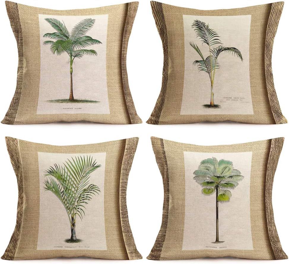 Summer Tropical Throw Pillow Covers 18’’x18’’ Set of 4 Coconut Palm Tree Green Leaf Cotton Linen Decorative Couch Cushion Cover Throw Pillow Case Home Sofa Bedding Decorative