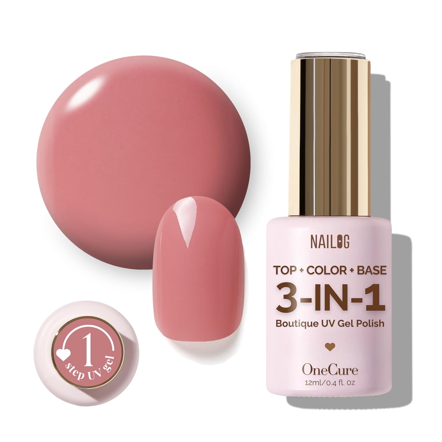 NAILOG 1-Step Gel Nail Polish, No Base/Top Coat Soak-Off, Dusty Rose Pink