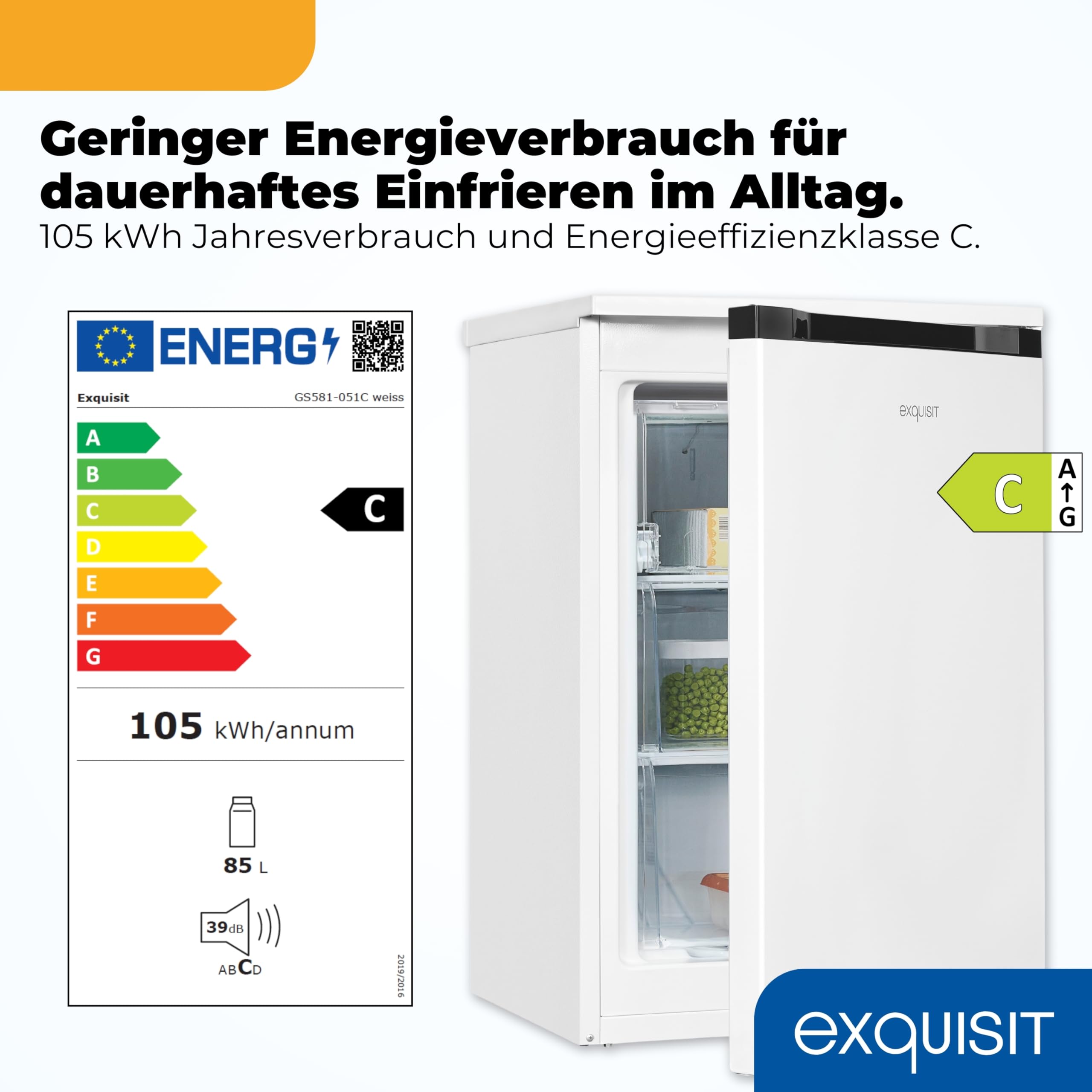Exquisit GS581-051C Gefrierschrank 85 l Nutzinhalt Weiß Energieklasse Freistehender Tiefkühlschrank 4-Sterne-Gefrierfach 39 dB 84,5 x 54,9 x 55,7 cm