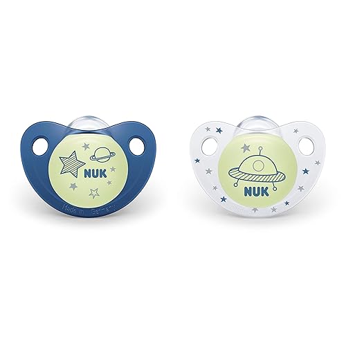 NUK Cute-as-a-Button Chupetes de ortodoncia que brillan en la oscuridad 6-18 meses paquete de 2 para bebés y niños