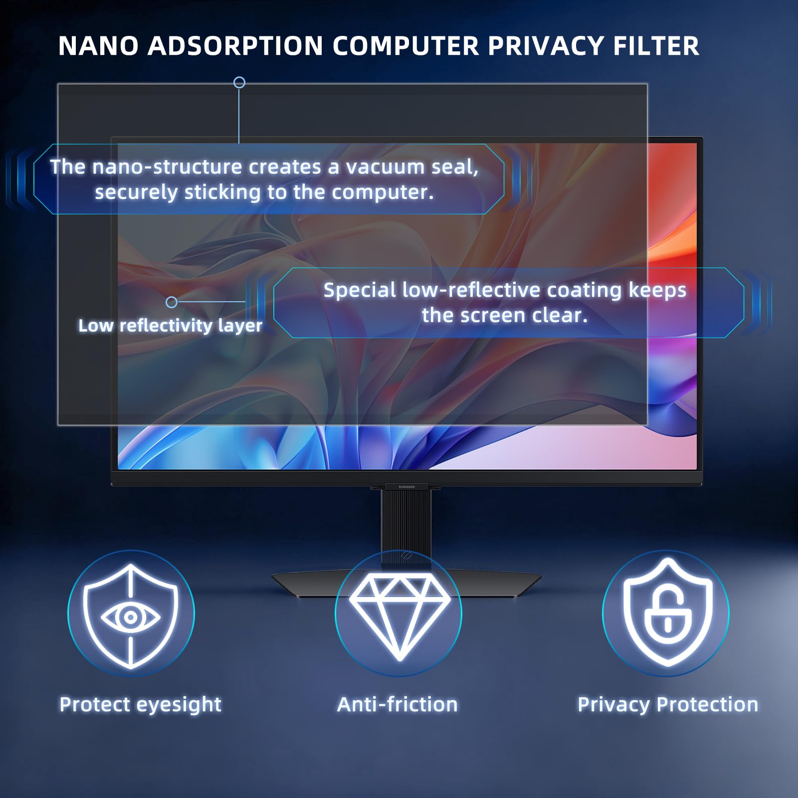 23.8 Pollici 16:9 Nanoadsorbimento Filtro Privacy Premium, Rimovibile Anti Luce Blu/Antiriflesso/Anti UV, Pellicola de Protezione per 23.8" Monitor/Laptop Computer