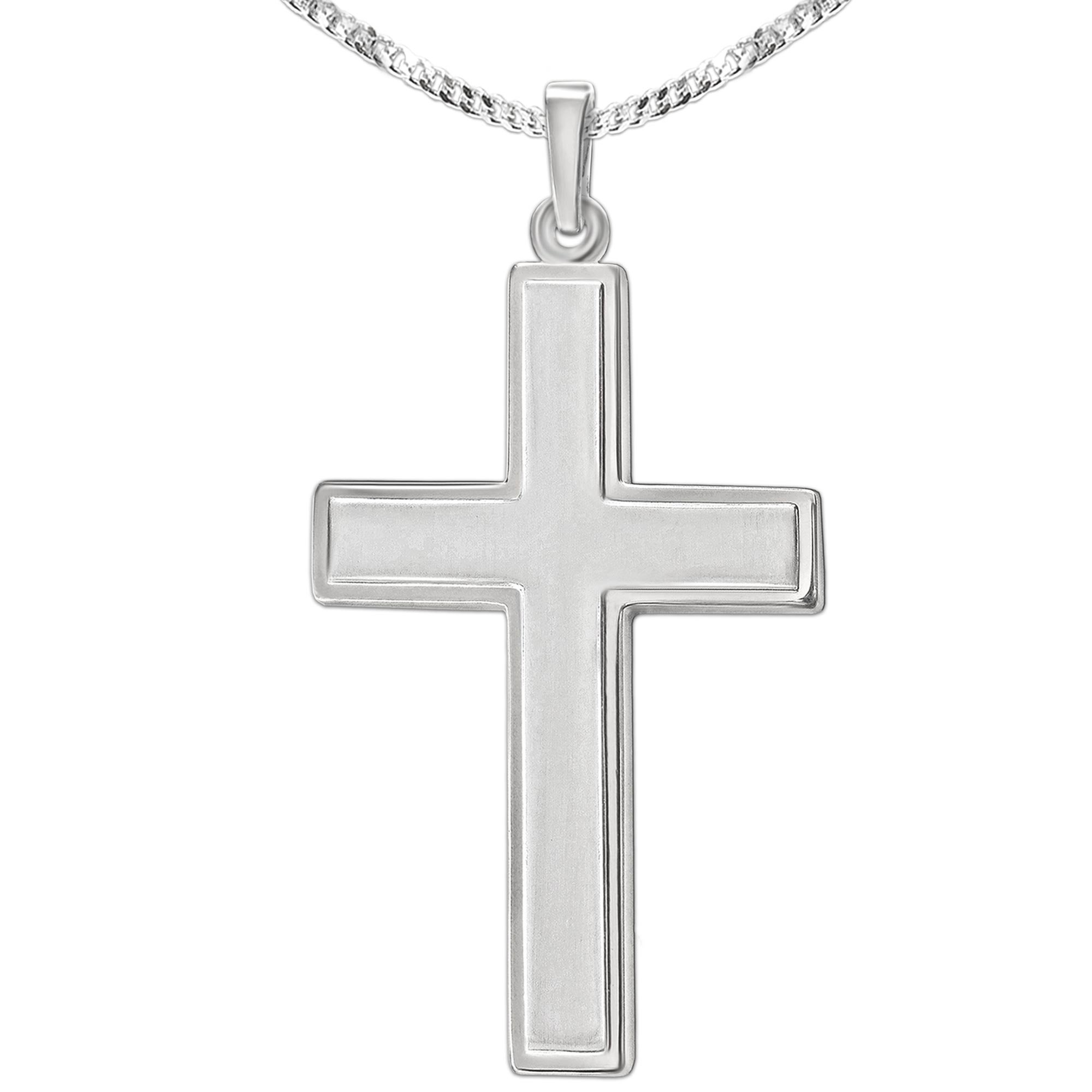 Jewellery Set Silver big cross 32 mm satin matte raised inside, glossy edge and curb chain 60 cm glossy Sterling Silver 925 for men