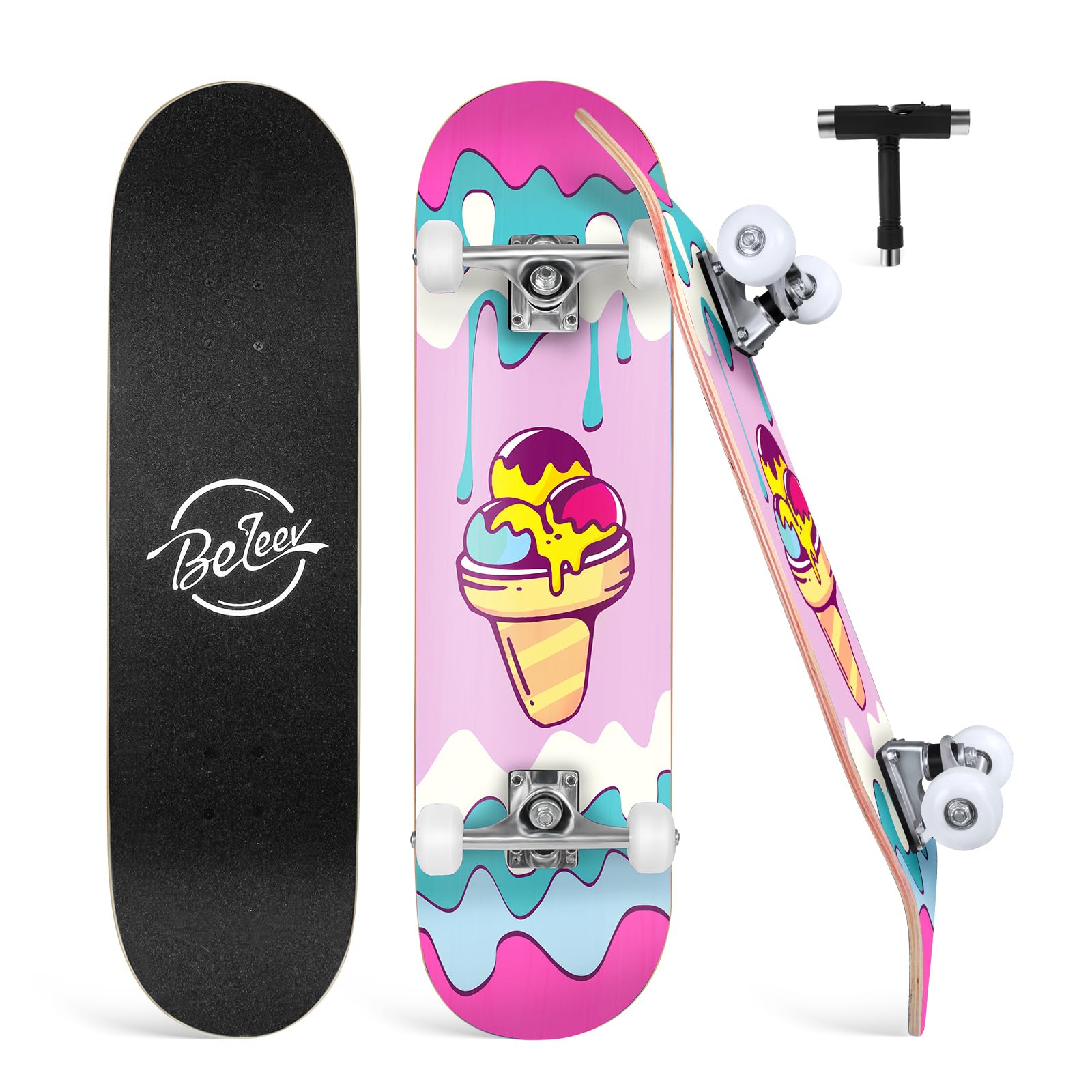 BELEEV Skateboard 31 x 8 Inch Complete Cruiser Skateboard for Children Teenagers Adults, 7-Layer Canadian Maple Double Kick Deck Concave with All-in-One Skate T-Tool for Beginners