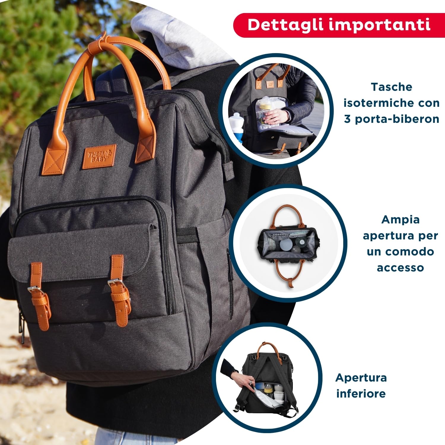 Thermobaby - Fasciatoio ESCAPADE - Zainetto fasciatoio - Zainetto con materassino fasciatoio per maschietti e femminucce - Comodo e pratico per le uscite con il bambino - Grigio scuro.