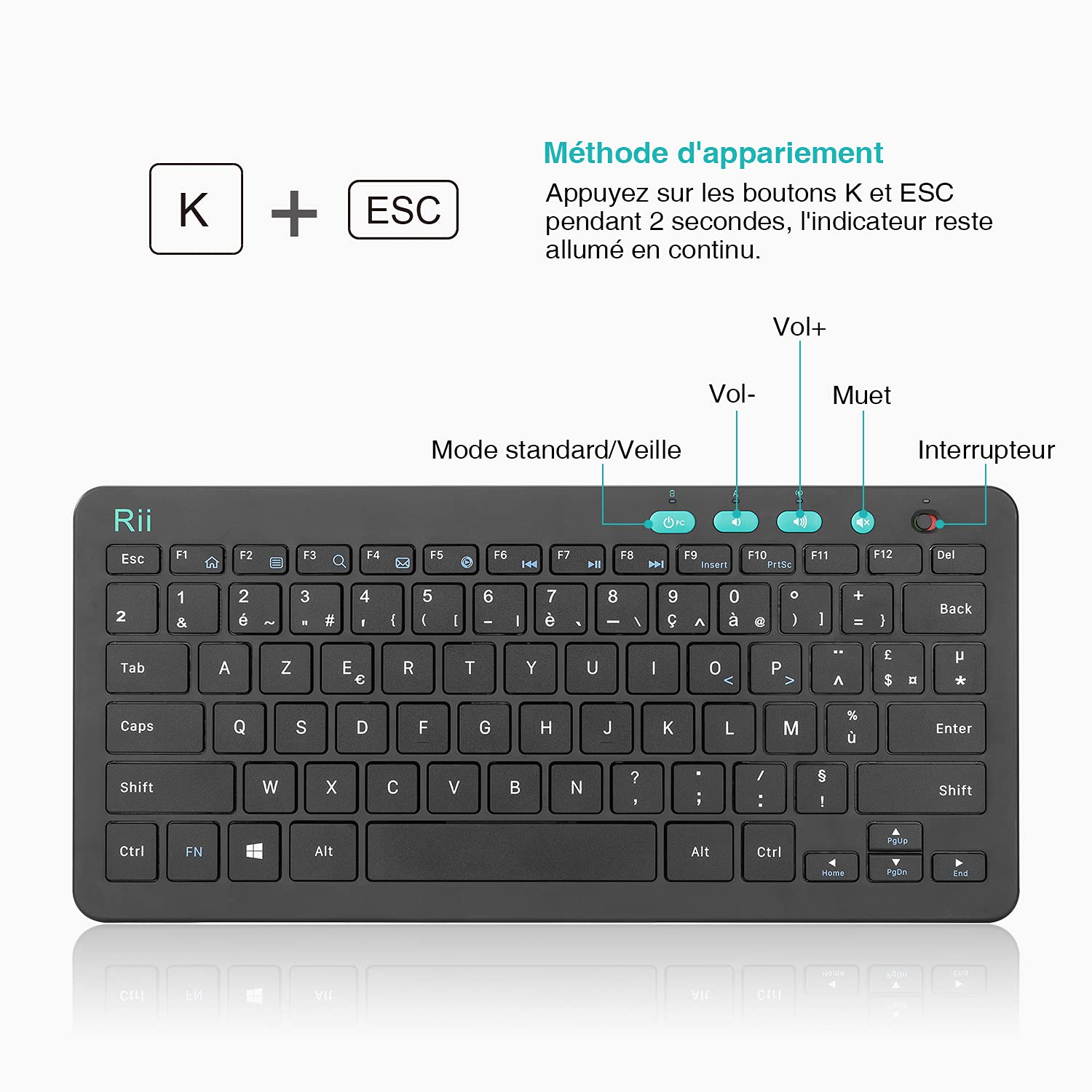 Rii Élite Combo sans Fil | Clavier Souris sans Fil PC/Ordinateur Portable | Clavier Ergonomique Trousse Main | Souris Optique 3 DPI Réglables | Molette Silencieuse | Design Français Élégant Noir