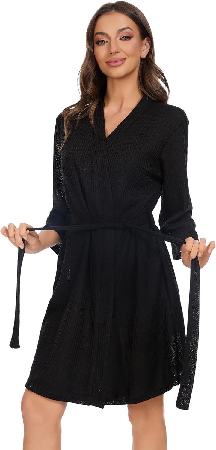 iniber Robes for Women Waffle Knit Bathrobe Soft Lightweight Knee Length Loungewear S-XXL