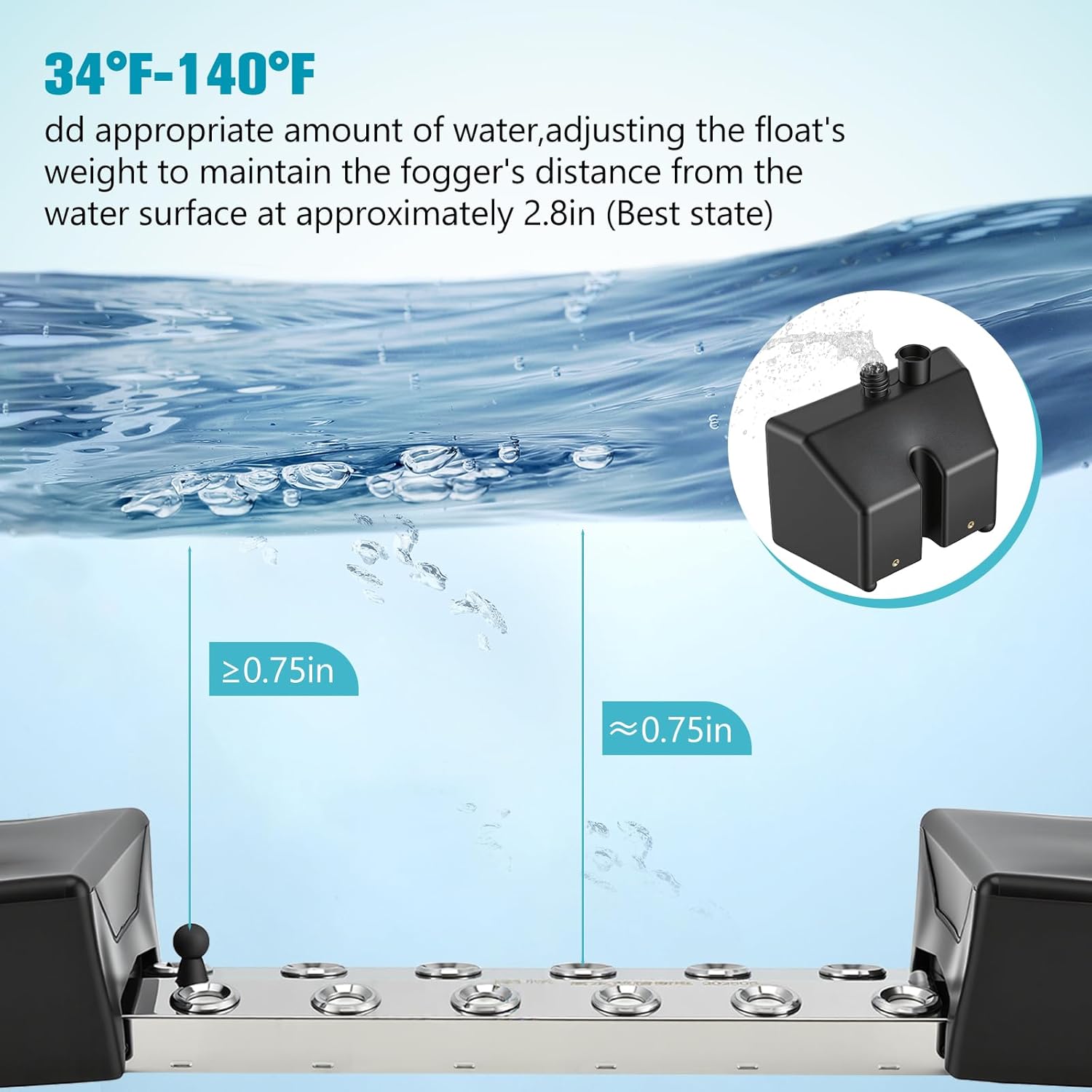 Pond Fogger with Float – 12 Head Ultrasonic Mist Maker, 9000ml/H Water Fogger for Pond, Fountain, Fish Tank, Greenhouse Humidifier – 304 Stainless Steel, EU Plug, Adapter Required for US Use