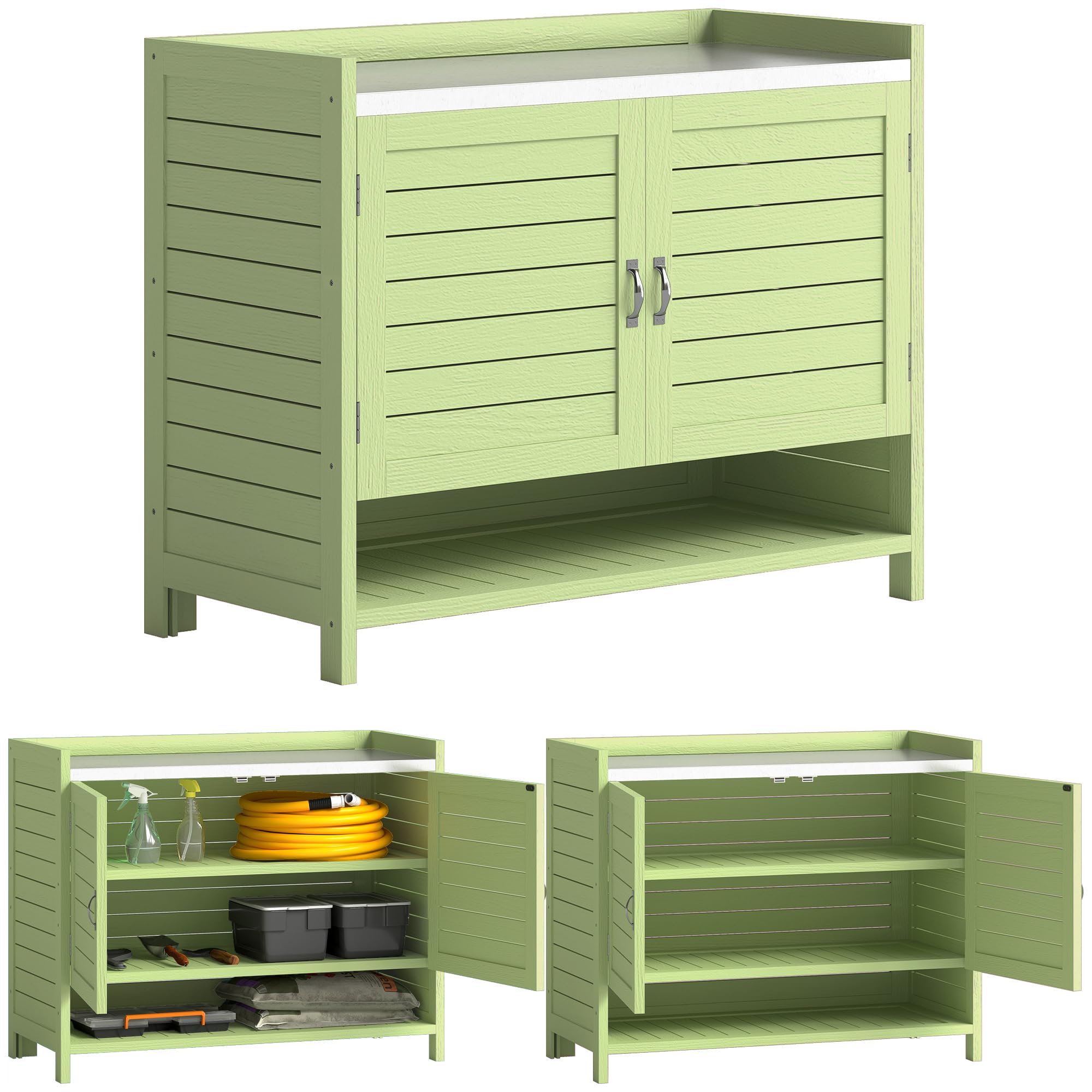 Outsunny Pflanztisch mit Unterschrank aus Holz Outdoor Gartenschrank mit verzinkter Arbeitsplatte 3 Regalböden Doppeltüren wetterfest Gärtnertisch für Garten Balkon Terrasse 88 x 40 x 70,5 cm, Grün