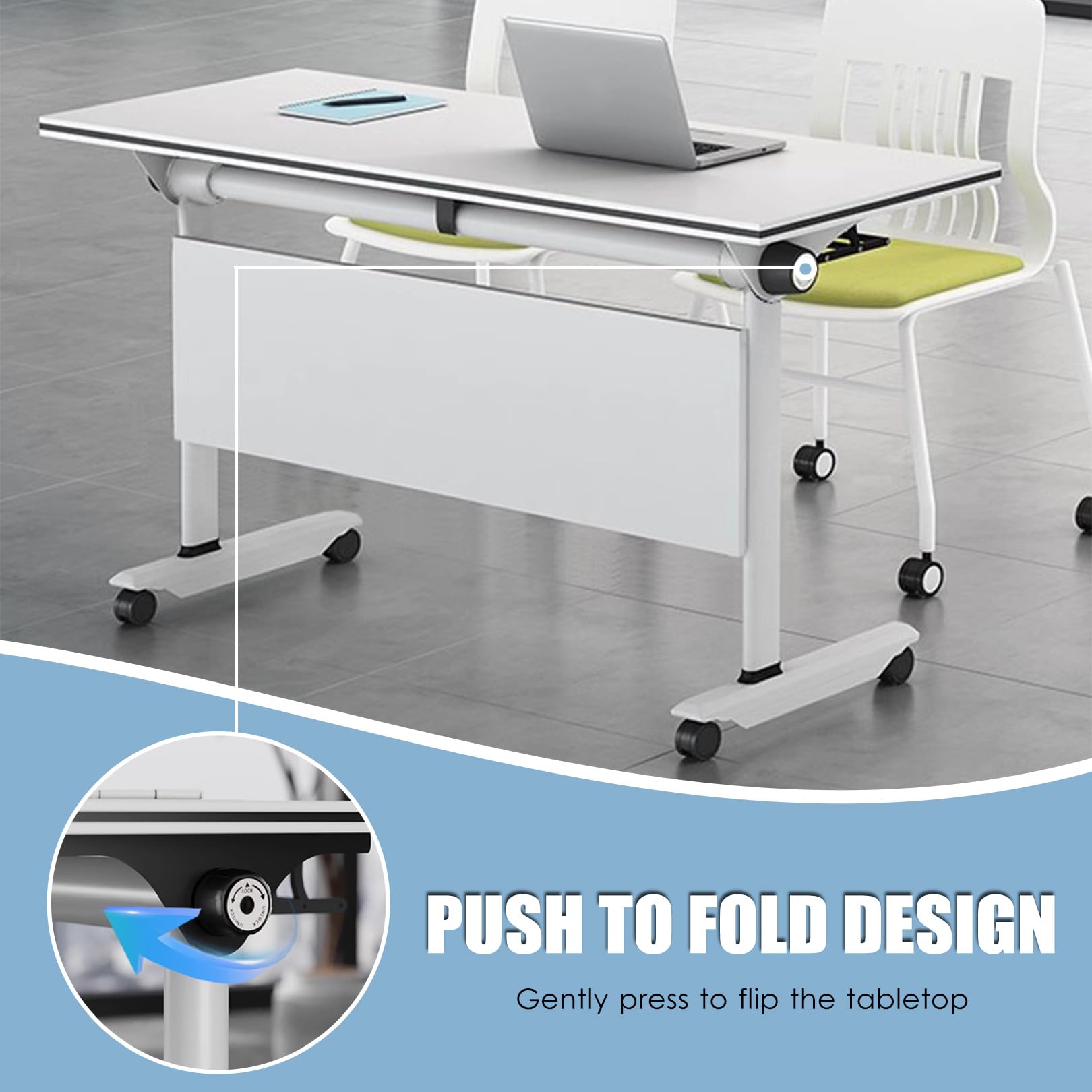 Tragbarer, klappbarer Konferenztisch, weiß, mit leisen Rollen, ideal für Büroseminare, Meetings und vielseitige Nutzung. Platzsparendes Design.