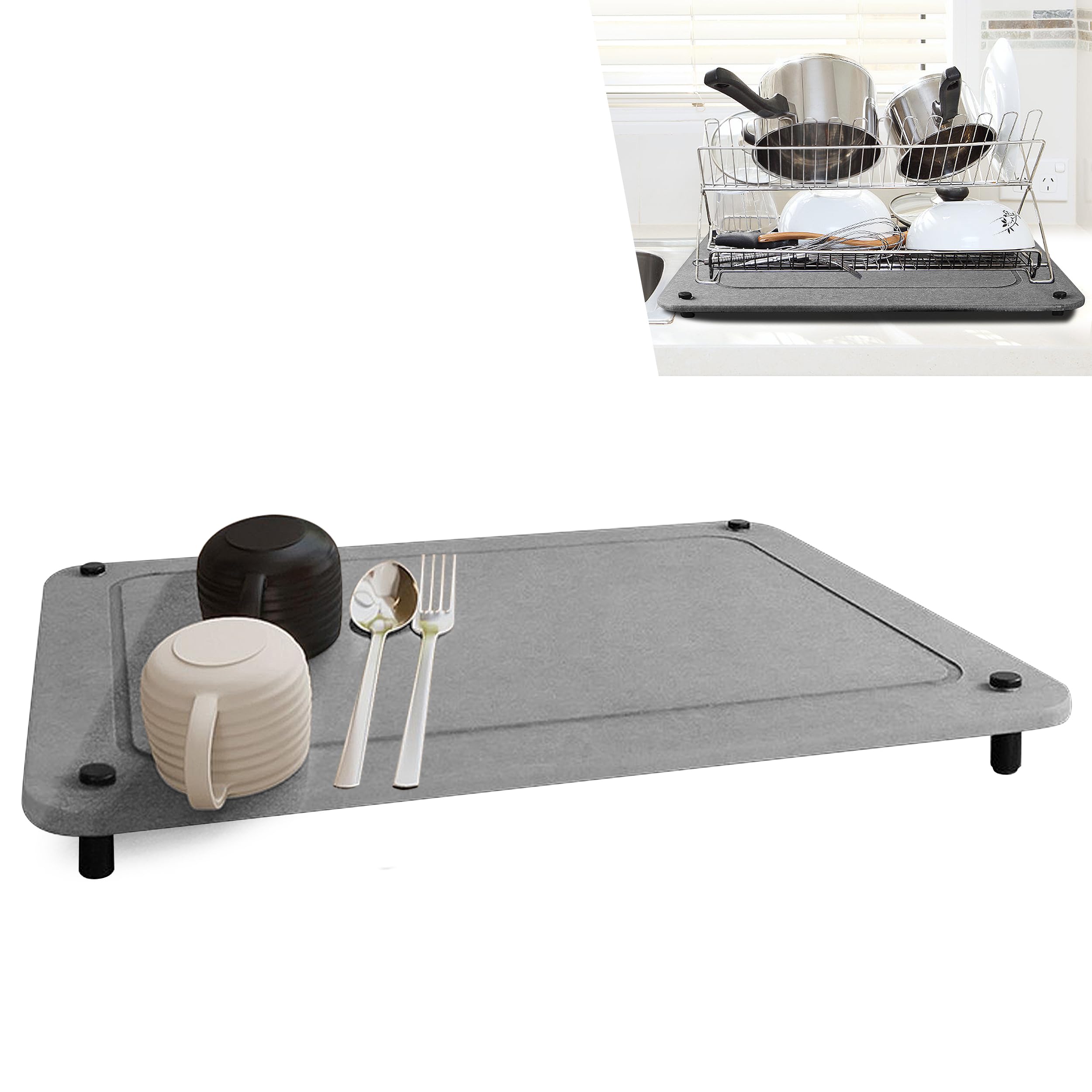 Stone Drying Mat for Kitchen Counter,Ultra Absorbent,40 * 30cm Non-Slip Diatomite Dish Drying Mat,Heat-Resistant Eco-Friendly Diatomaceous Earth Mat,Stainless Steel Feet Kitchen Draining Mat