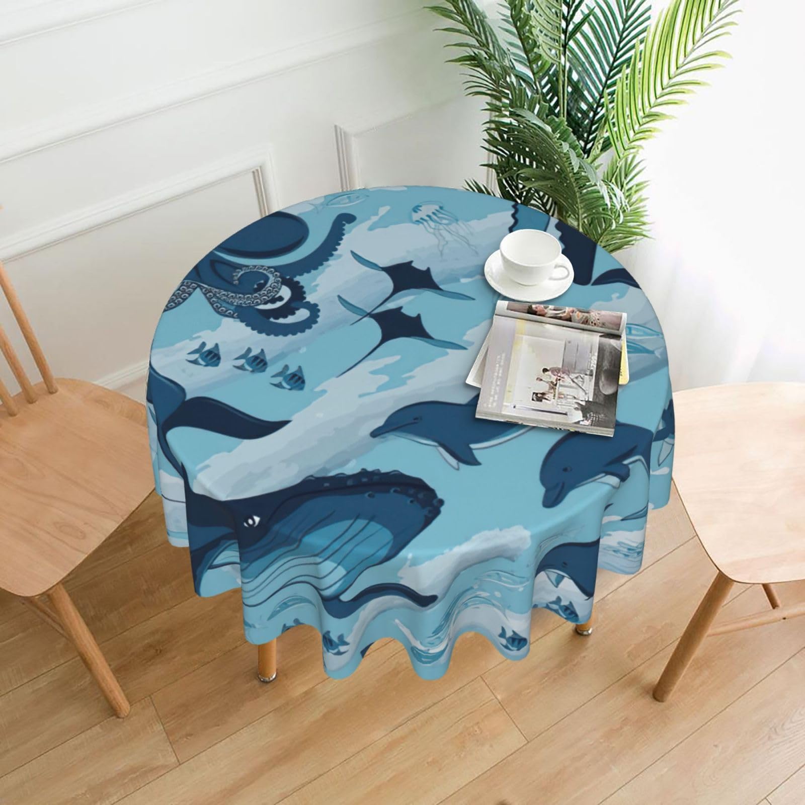 SDEGTHO Fish and Octopus Print Modern Retro Round Tablecloth 60in Polyester Fabric Cover for Party Dining Table Washable
