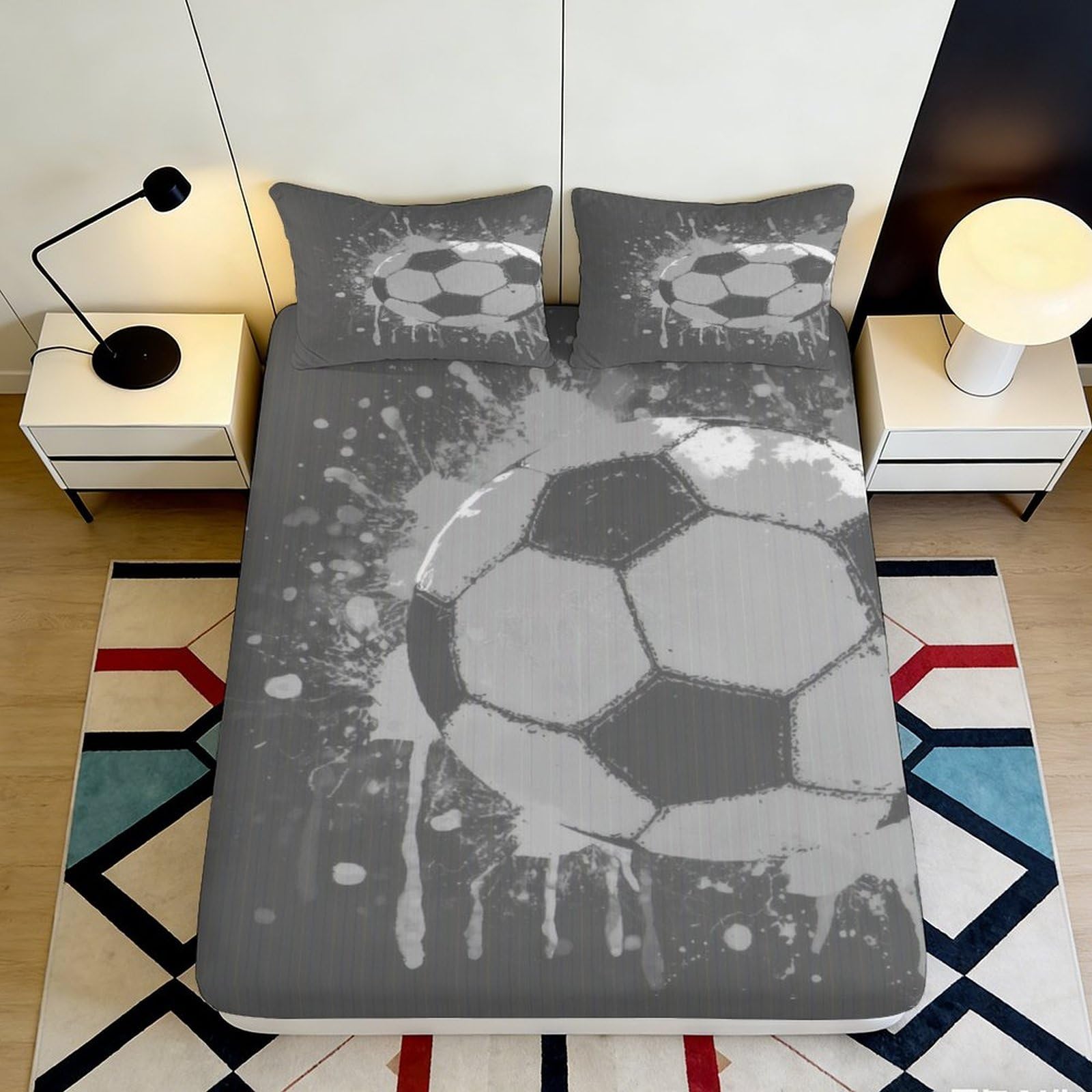 3D Printed Soccer Ball Fitted Sheet Microfiber Grey Abstract Splash Mattress Cover for Bedroom Dorm Home Decor 120x200x25cm