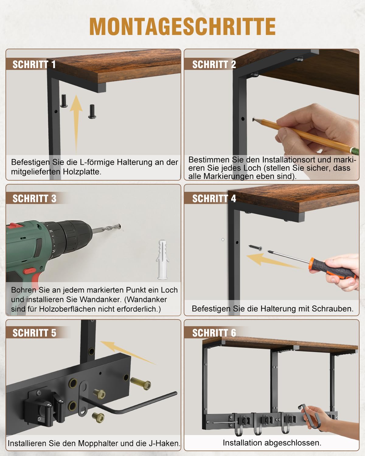 Soporte escobas pared con estante superior de madera, organizador metálico resistente para útiles de limpieza con soporte para aspiradora, 5 soportes y 5 ganchos para lavadero, trastero (grande)