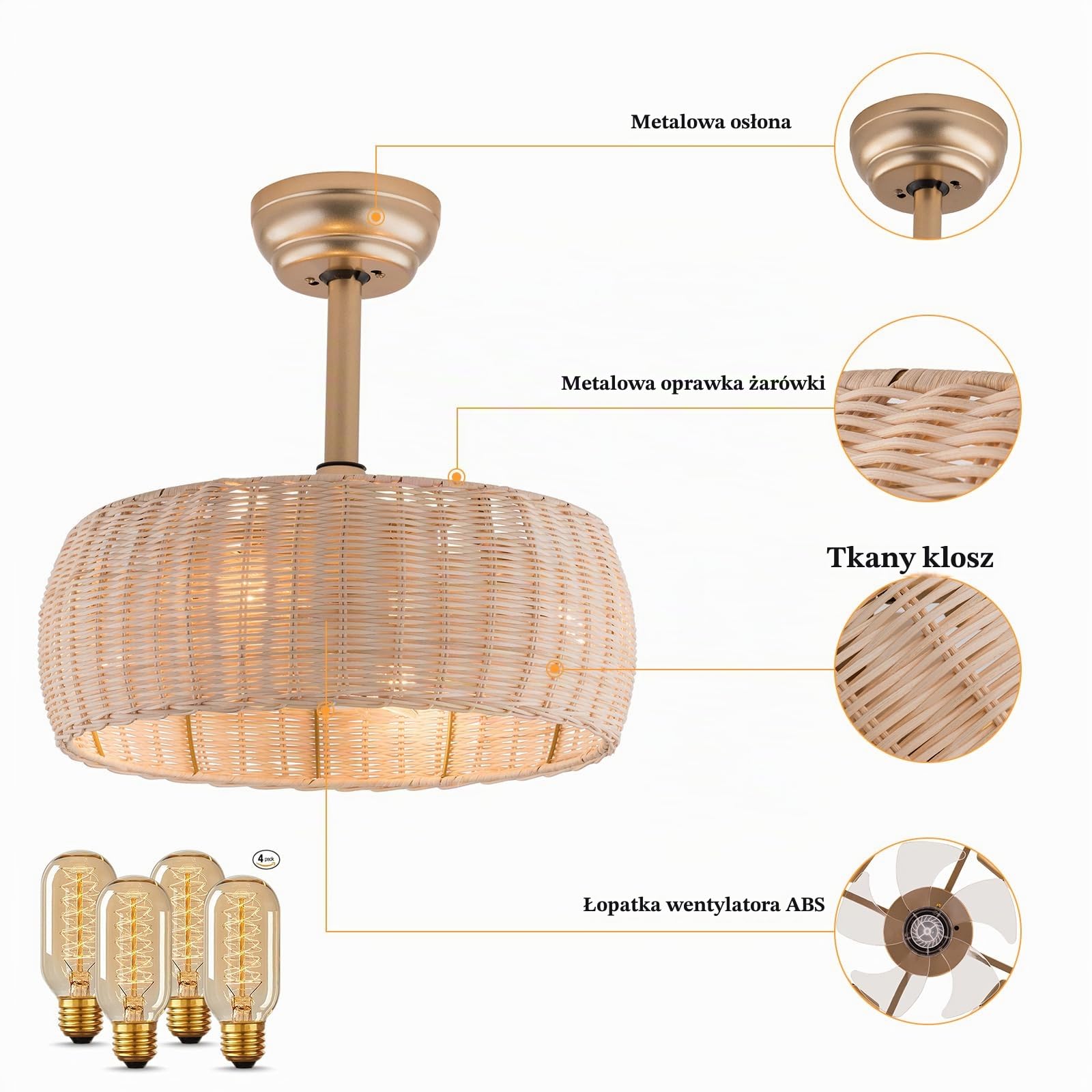Bambusowy wentylator sufitowy z oświetleniem i pilotem zdalnego sterowania, cichy, 6-biegowy, odwracalny silnik, lampa sufitowa, ręcznie tkany naturalny rattan, 45 cm