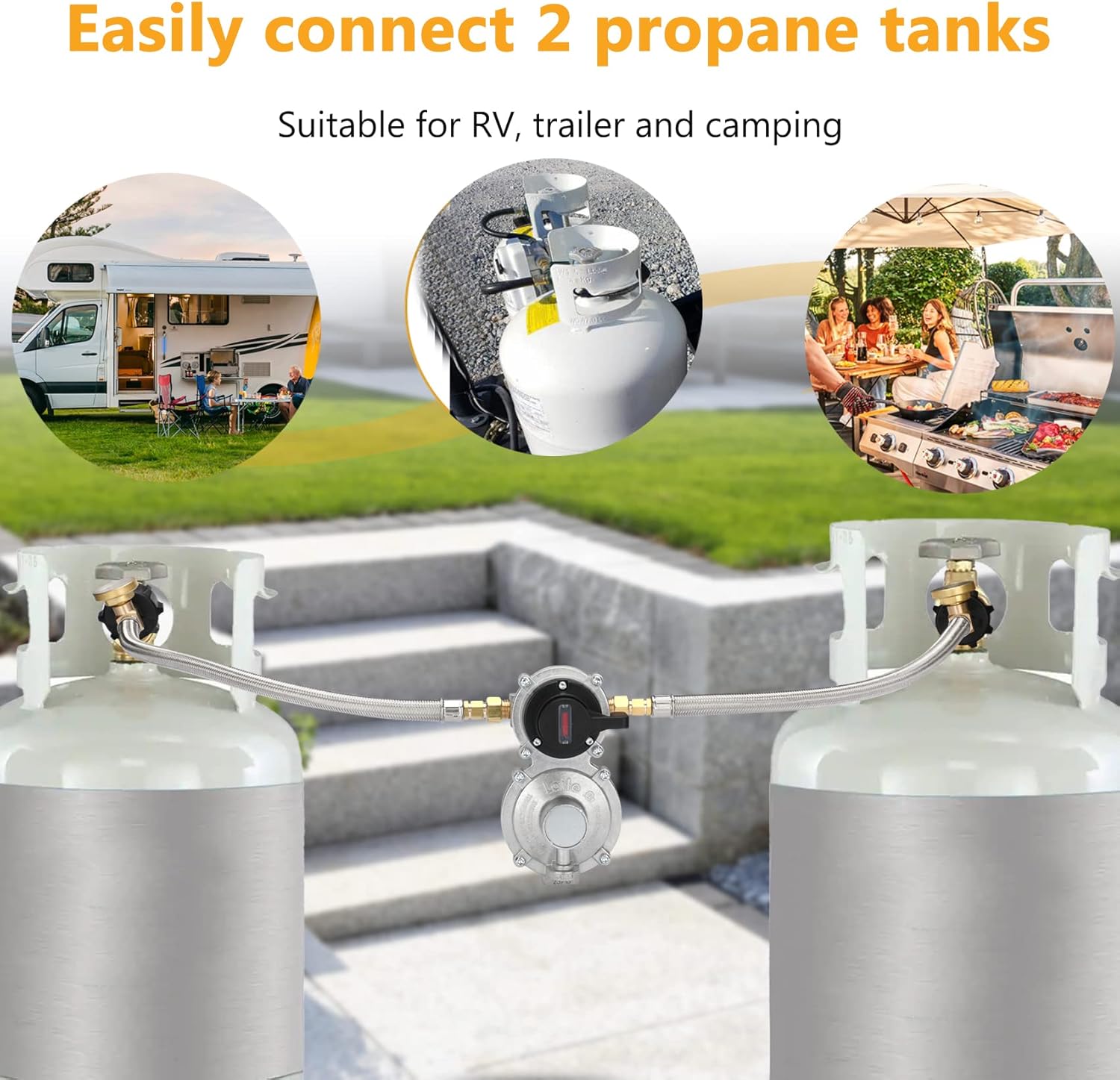 2 Stage Changeover Propane Regulator with Two 18" RV Pigtail Propane Hoses with Gauge Stainless Braided QCC1 1/4" Inverted Male Flare for RV 2 Tank Auto Changeover Regulator Cylinder 210,000 BTU