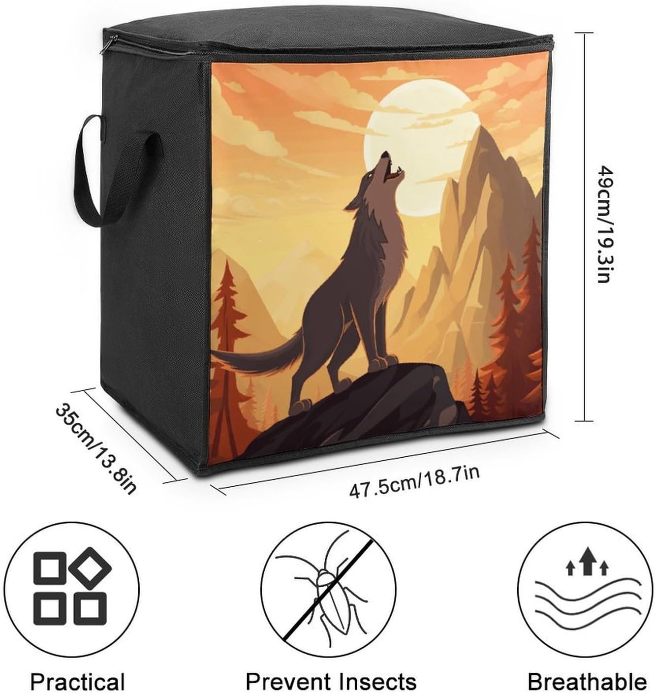 Wolf Storage Bag with Zippers And Handle Extra Large Bedding Comforter Storage Bag Foldable Blanket Storage Bags Fabric Moving Bags for Closet Organizer (70L)