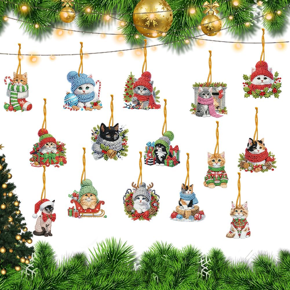 C'eitura 15pcs DIY Dog Cat Acrylic Diamond Art Christmas Hanging Ornaments Kit, Create Your Own Xmas Tree Hanging Pendant for Wall Door Window Decor, Fun Family Holiday Craft Project & GIF