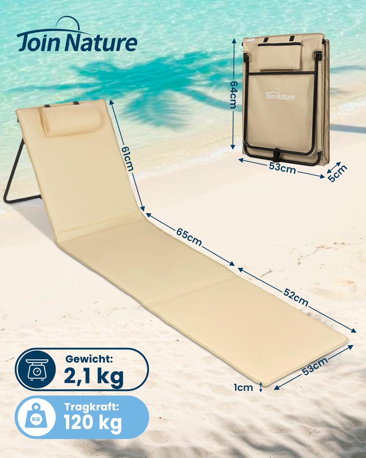 Join Nature Mata plażowa, bardzo długi leżak plażowy, składany, 186 x 53 cm, leżak plażowy z regulowanym oparciem, łatwy do przenoszenia z uchwytem, na kemping, do ogrodu, na basen
