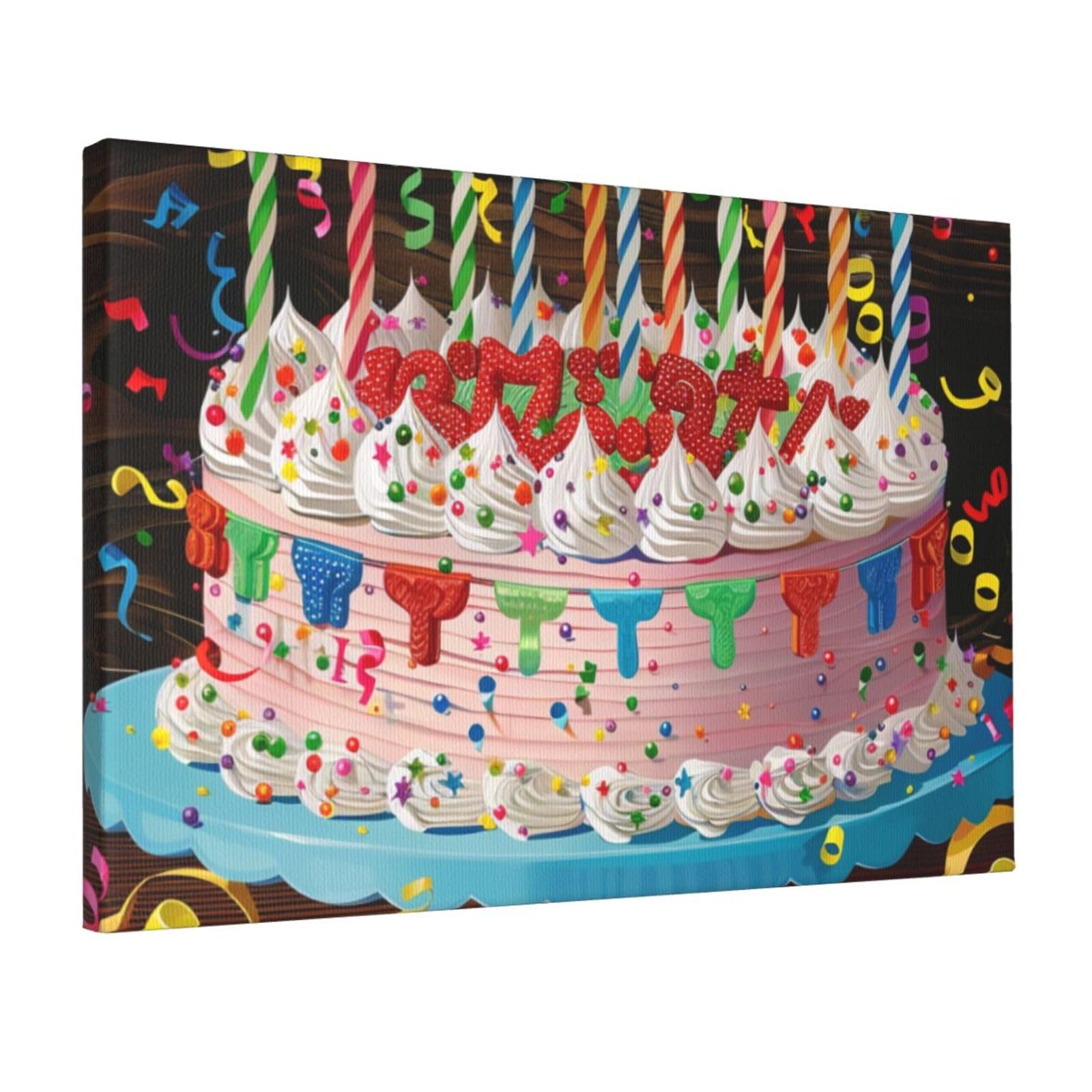 YKLJG Happy Birthday Big Cake Printed Wall Art Canvas Prints 45x30 CM Wooden Framed Picture Painting Artwork for Bedroom Kitchen Home Office Decor