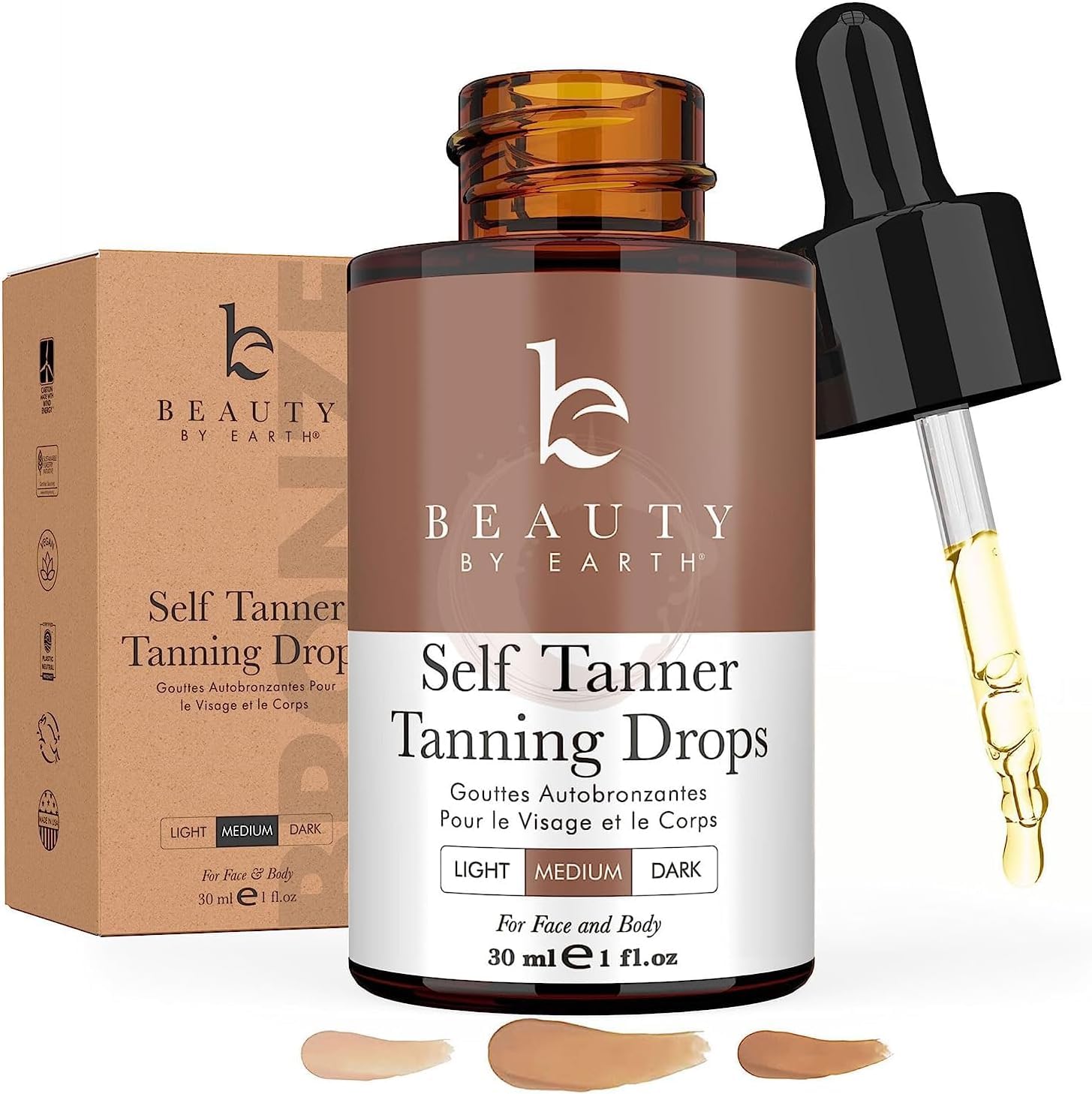 Self Tanning Drops - Natural & Organic Ingredients, Medium Face Tanning Drops to Add to Lotion, Moisturizing Bronzing Tanner for Face & Body, Toxin Free Tanner for Fake Tan