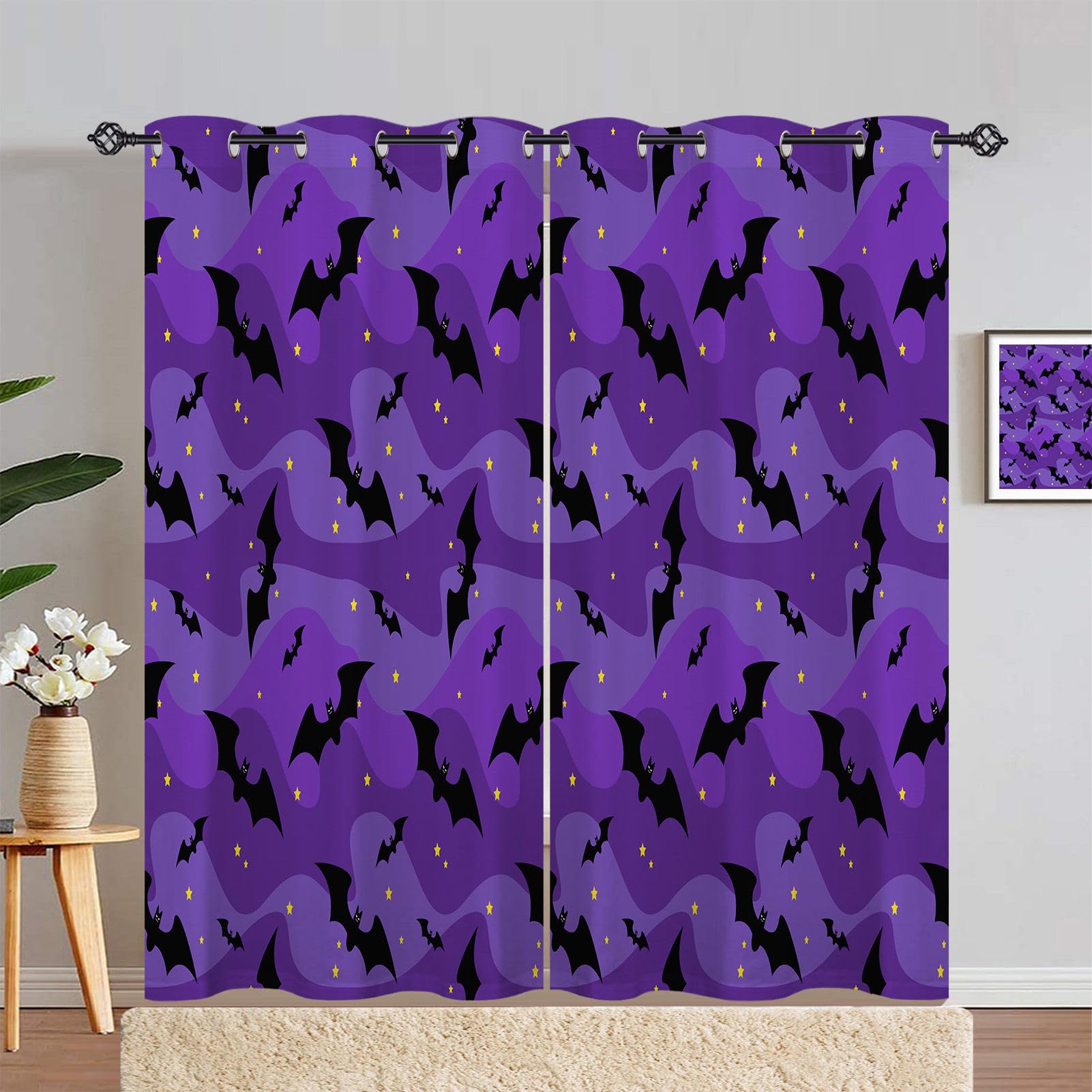 ANHOPE Bat Curtains Eyelet Blackout Room Darkening Curtains Halloween Theme Animal Bats Print Pattern Light Blocking Window Drapes for Bedroom Living Room 46 x 90 Inch Drop 2 Panels — image 1