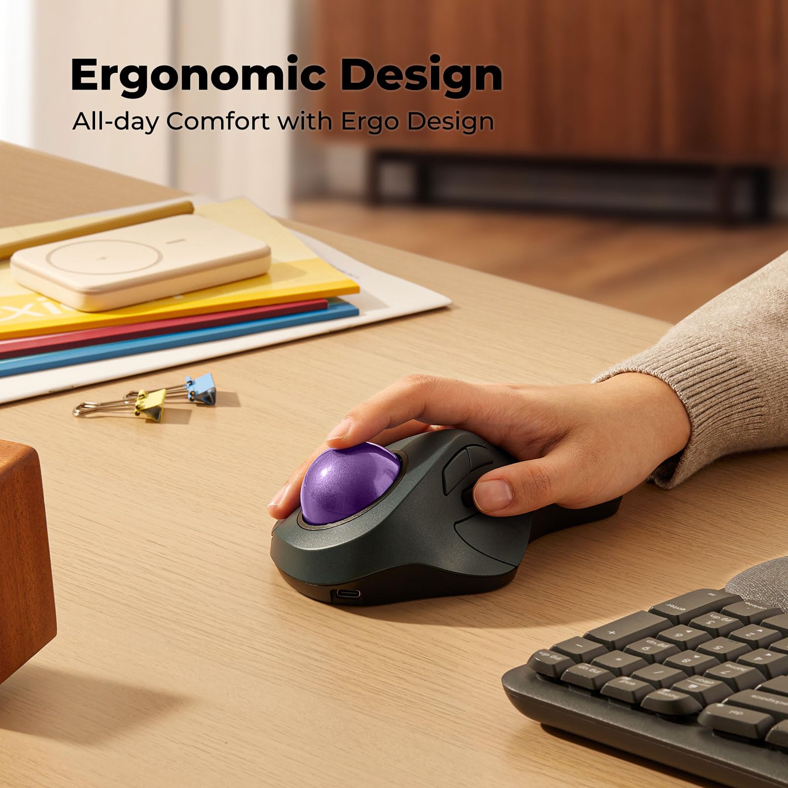 Mouse trackball wireless per mani grandi, facile controllo delle dita indice, design ergonomico, ricaricabile, tracciamento preciso e fluido, connessione a 3 dispositivi (Bluetooth o USB), compatibile