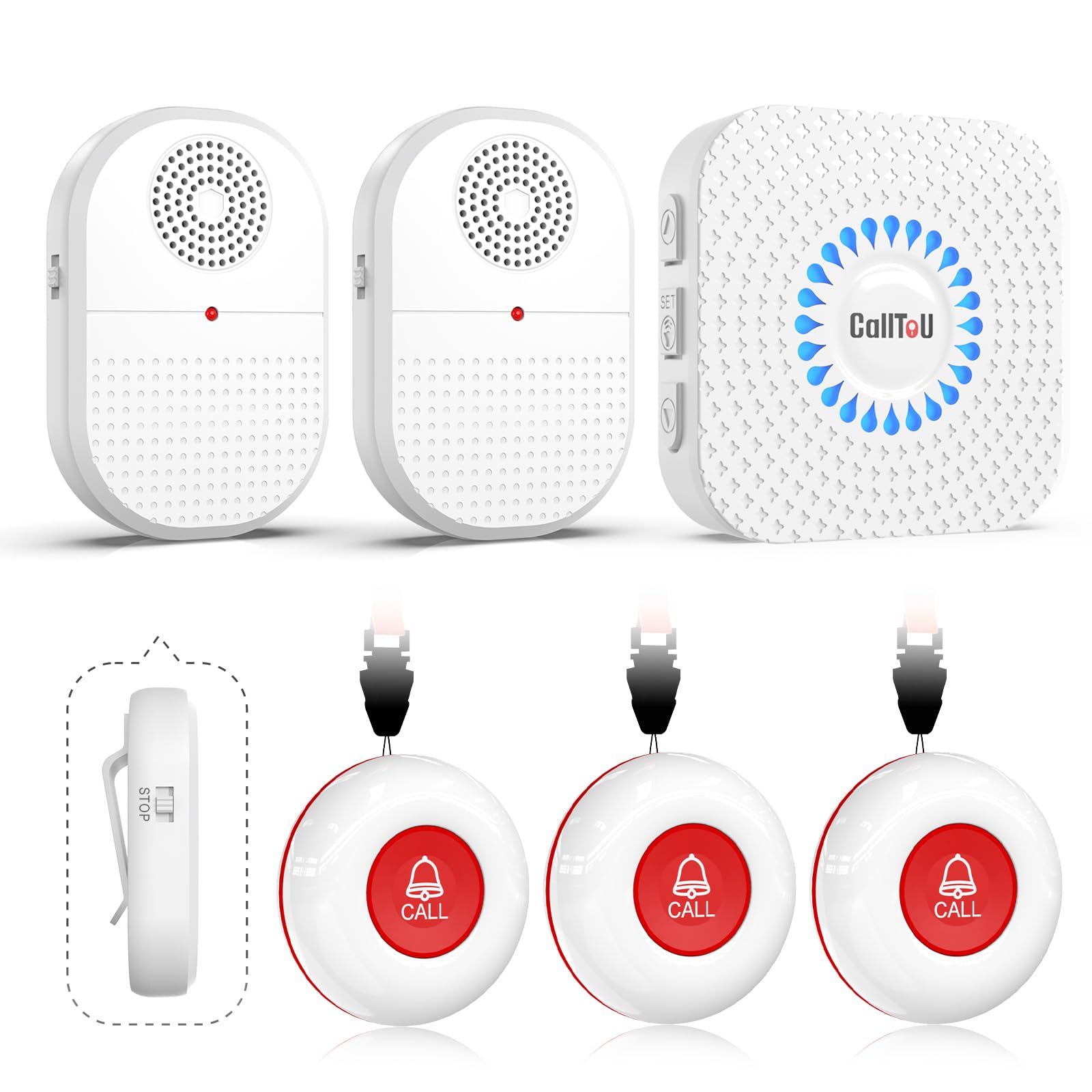 CallToU Wireless Caregiver Pager, 3 Buttons, 2 Portable + 1 Plug-in