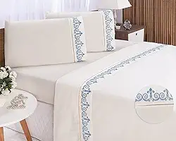 Jogo de Lençol Bordado para Cama Queen ALGODÃO 400 Fios 4 peças