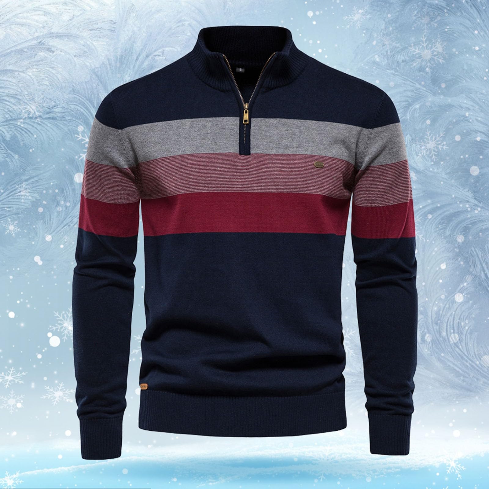 Maglione da uomo Troyer in cotone a righe grossolane con colletto alto e chiusura lampo