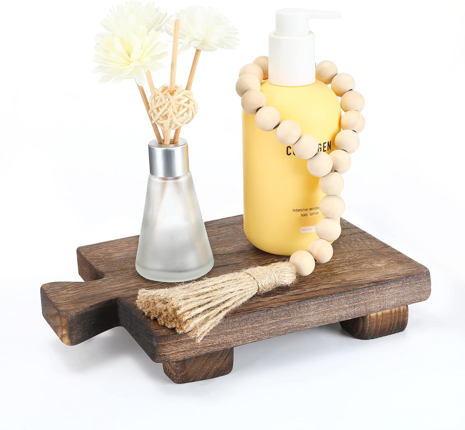 Wood Pedestal Stand Riser Wood Tray for Bathroom Home Kitchen Sink Holder Wooden Soap Holder for Bottles Plant Makeup Tissues Candles Guest Towels Vanity Plate Jewelry Soap Decor (Brown)