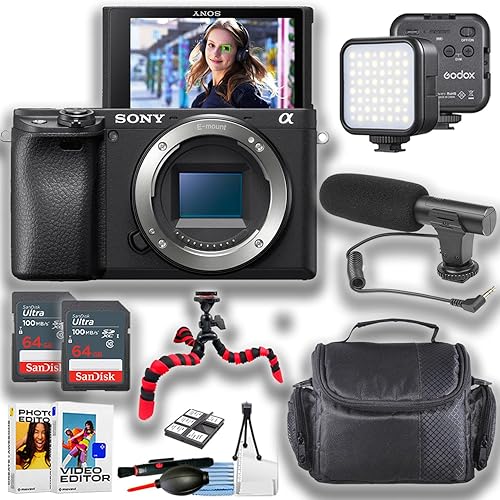 Sony A6400 Mirrorless Camera Body ONLY Vlogging/Video Creator Bundle with Portable LED Light, 64Gb Memory Card, Cleaning Kit + More (12pc Bundle)