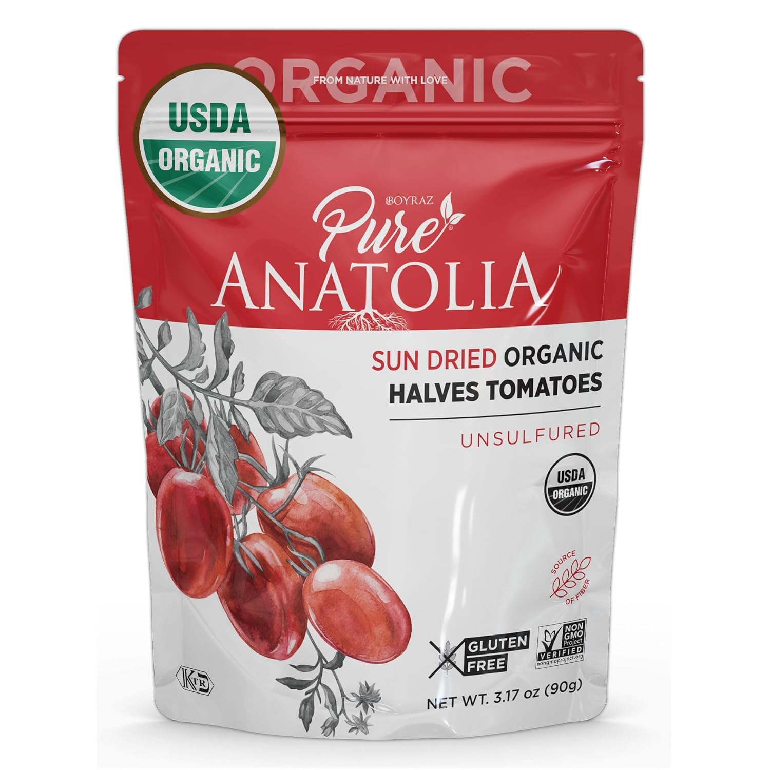 Pure Anatolia Organic Sun Dried Tomatoes Halves Cut - Dry Packed Sundried Tomatoes - No Sugar Added, Non GMO, Gluten Free, Vegan, No Preservatives - 3.17 oz Resealable Bag