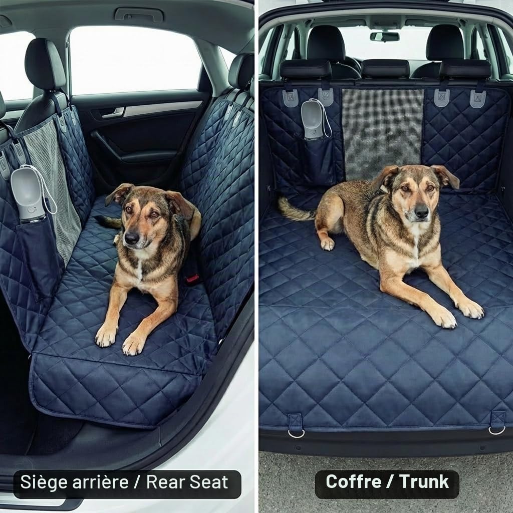 IWOTTO - Housse de siège de voiture pour chiens | Protection pour siège arrière et coffre, imperméable, antidérapante et réglable, avec accessoires pour boire + ceinture de sécurité, facile à nettoyer